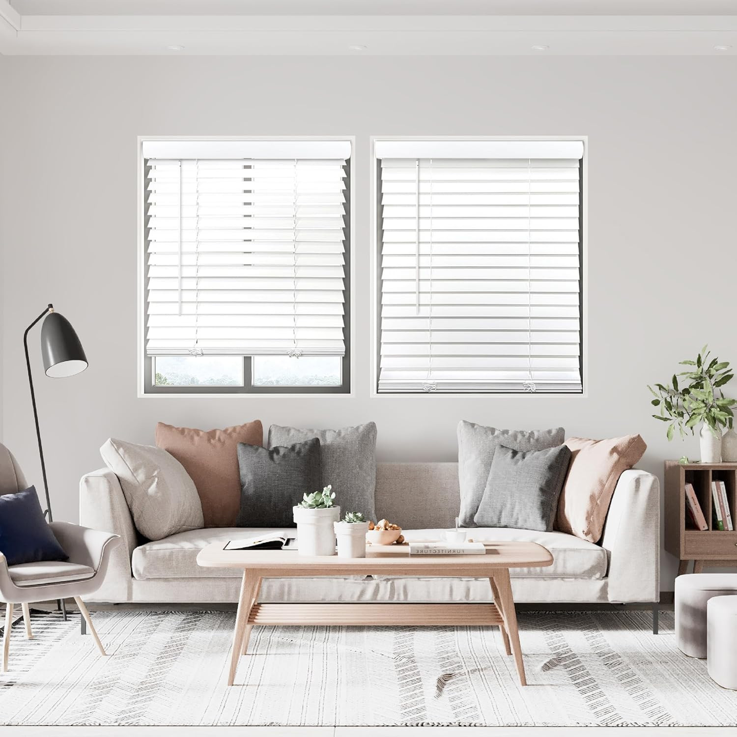 Cordless 2″ Faux Wood Blinds, Smooth White, 55.25″ W X 48″ H