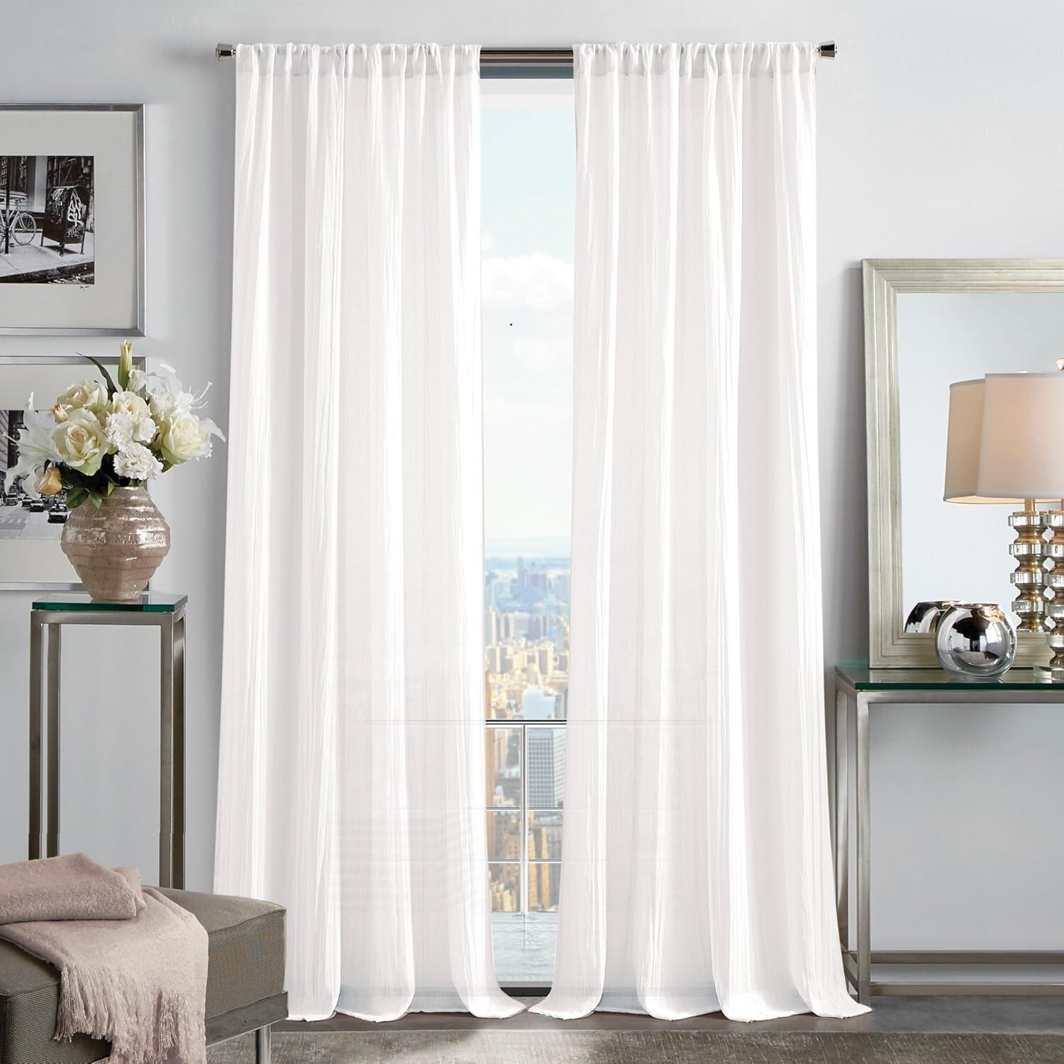 Martha Stewart Curtains Solid Crinkle Rod Pocket Sheer 2 Panels 48″ x 84″, White