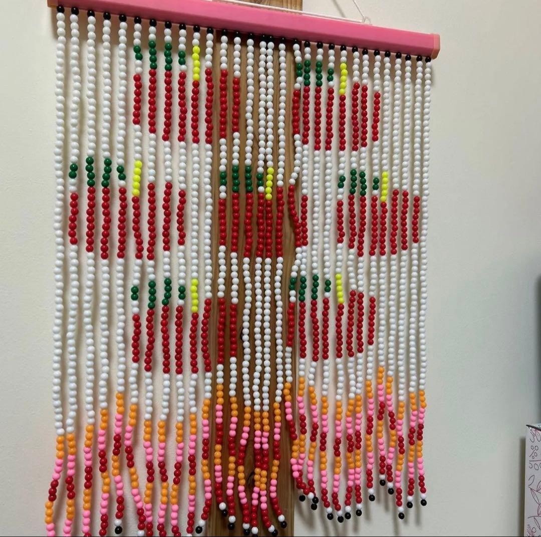 Vintage Japanese Beaded Door Curtain Colorful Apple Pattern Showa Retro 46x61cm