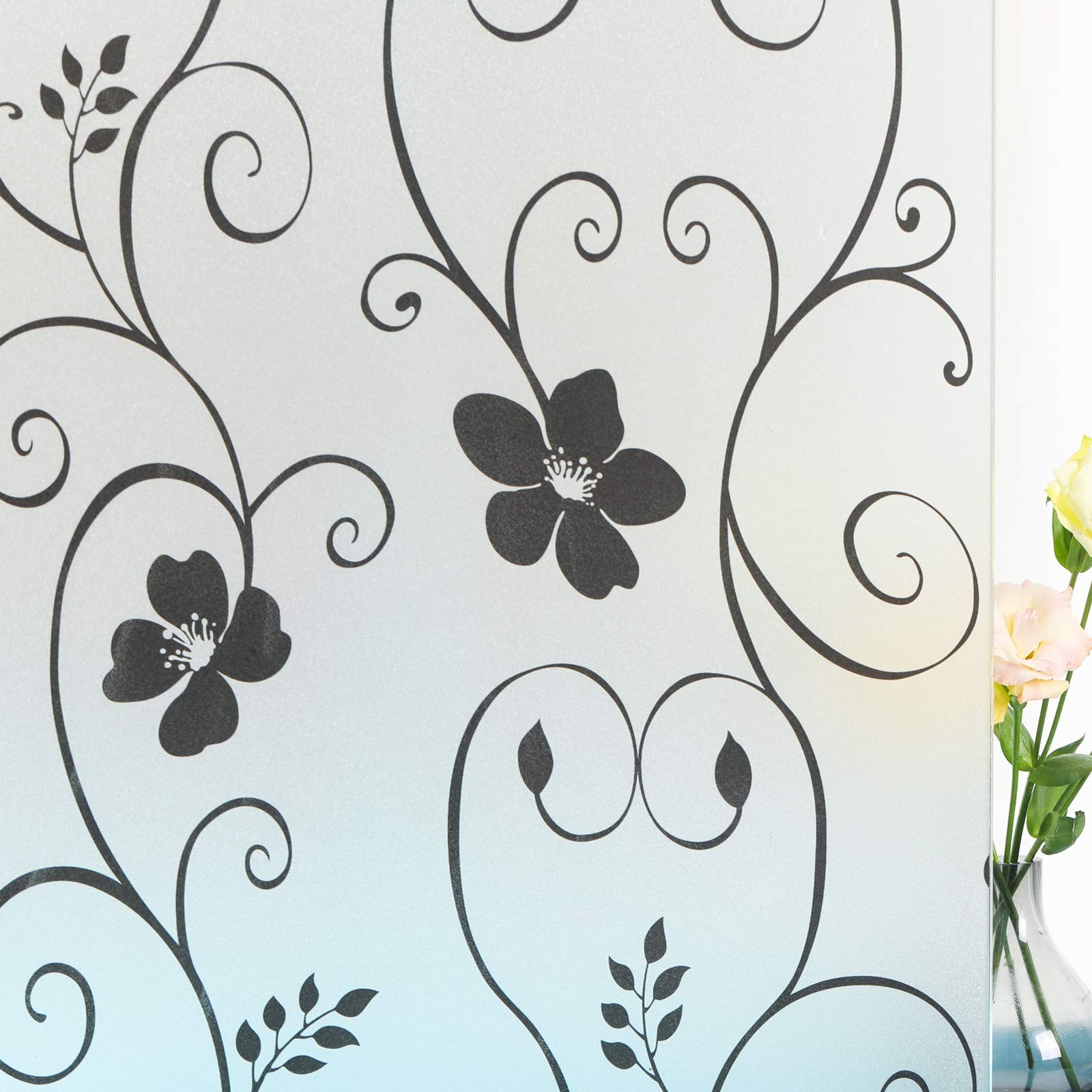 Decorative Window Film,Black Flower Static Cling Privacy Door Film, Non Adhes…
