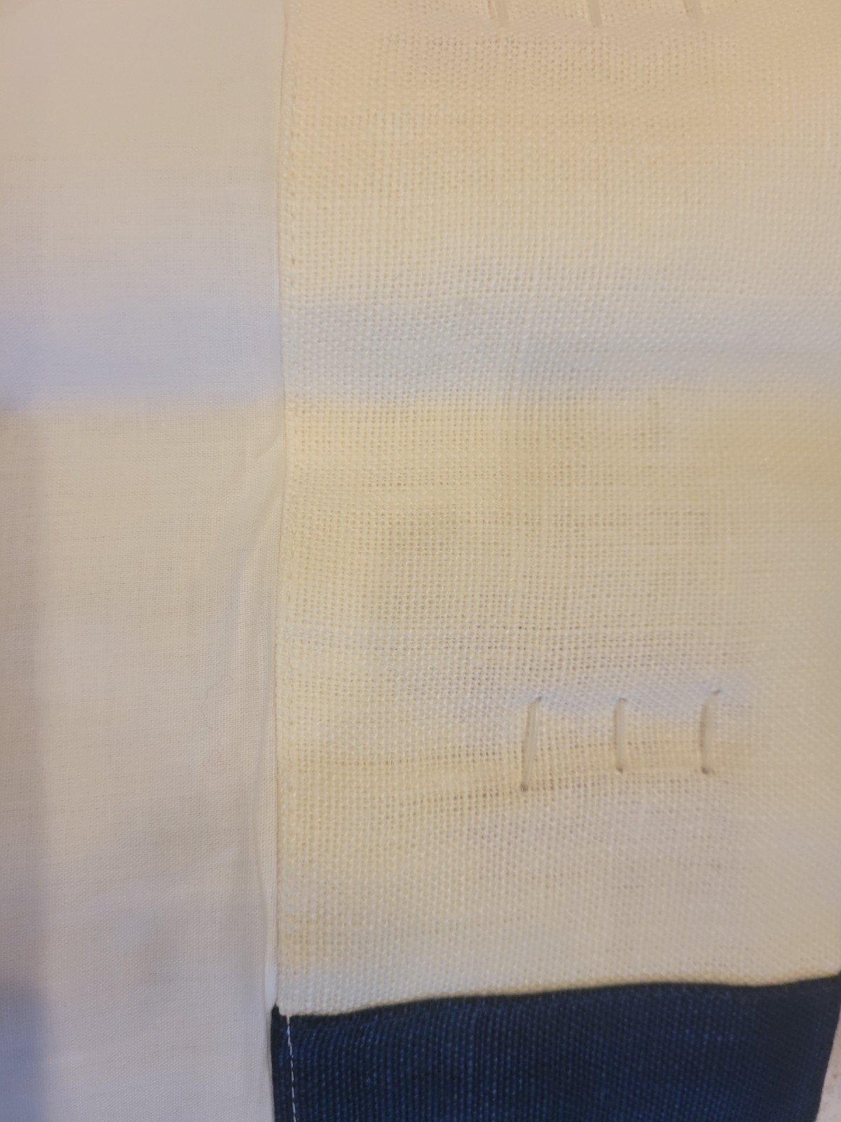 new Williams Sonoma Linen drapes window panels 96″ white w/ blue edge – set of 2
