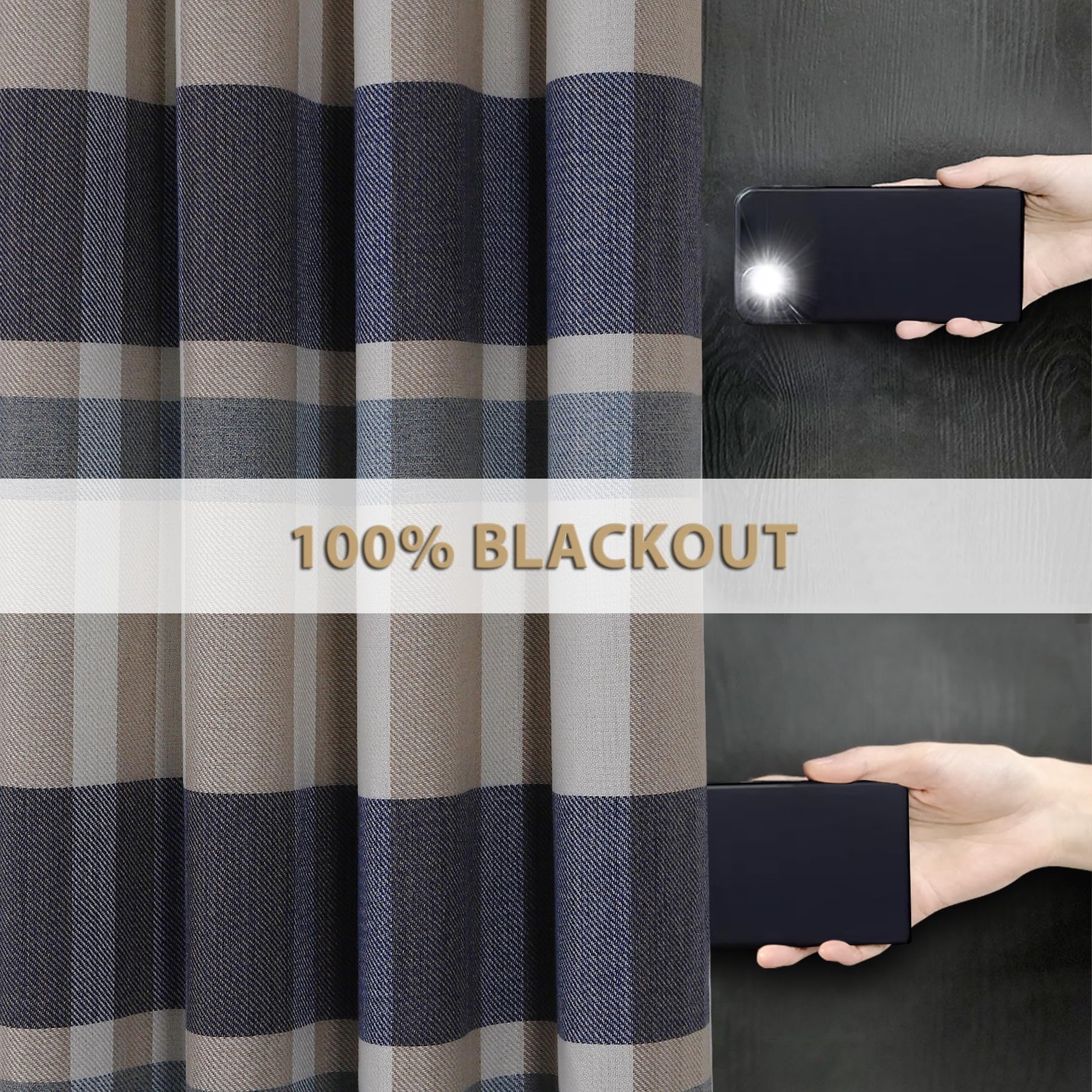 Always4U 100 Blackout Plaid Curtains Bedroom Living Room Woolen Look Black