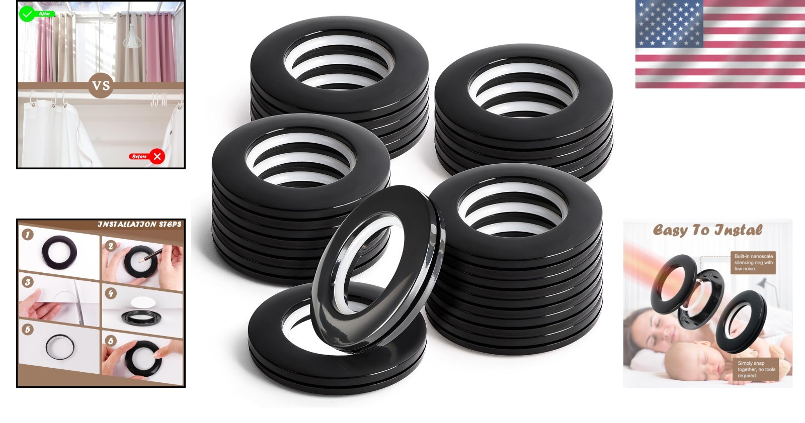 Stylish 16PCS Black Plastic Curtain Grommets – 1-9/16 inch for Home Decor
