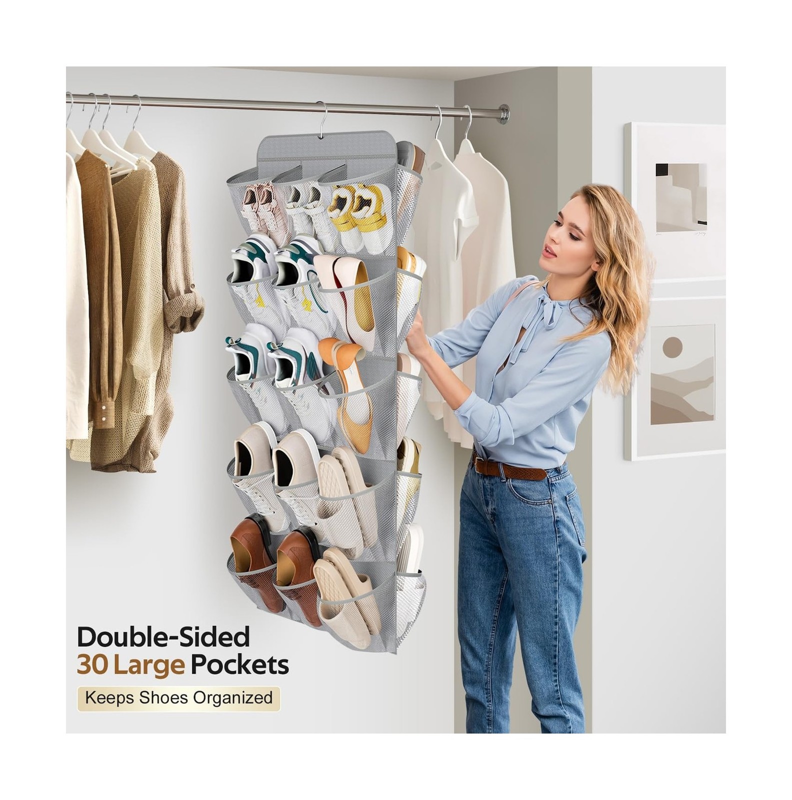 MISSLO 30 Large Pockets Dual Sided Hanging Shoe Organizer for Closet with Rot…