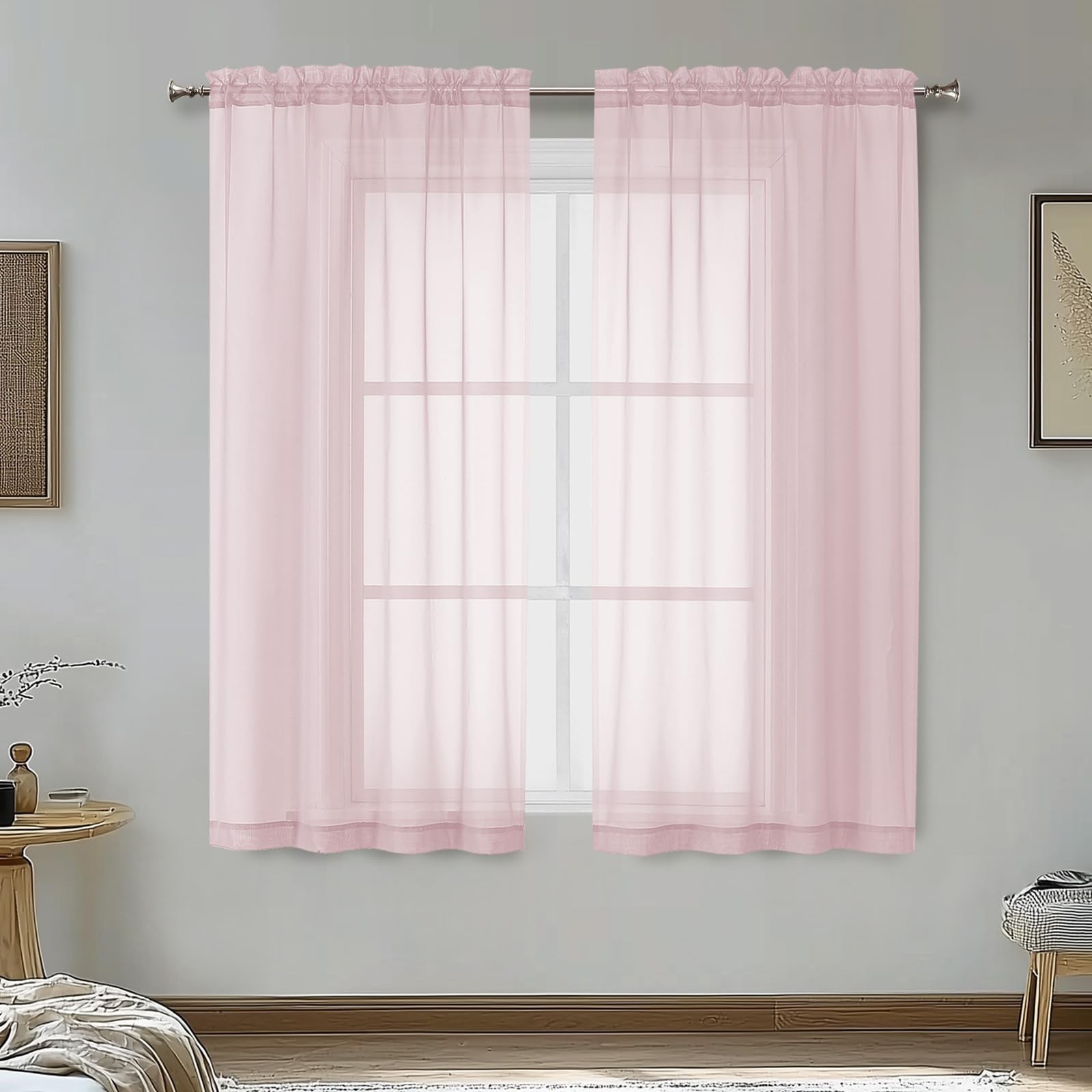 Sheer Curtains 45 Inch Long 2 Panels, Short 42″W x 45″L (Pack of 2) Blush Pink