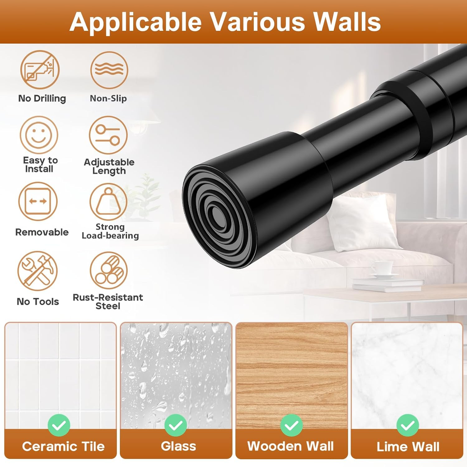2 Pack Spring Tension Curtain Rod for Windows 26 to 39 Inch Black Small Tension