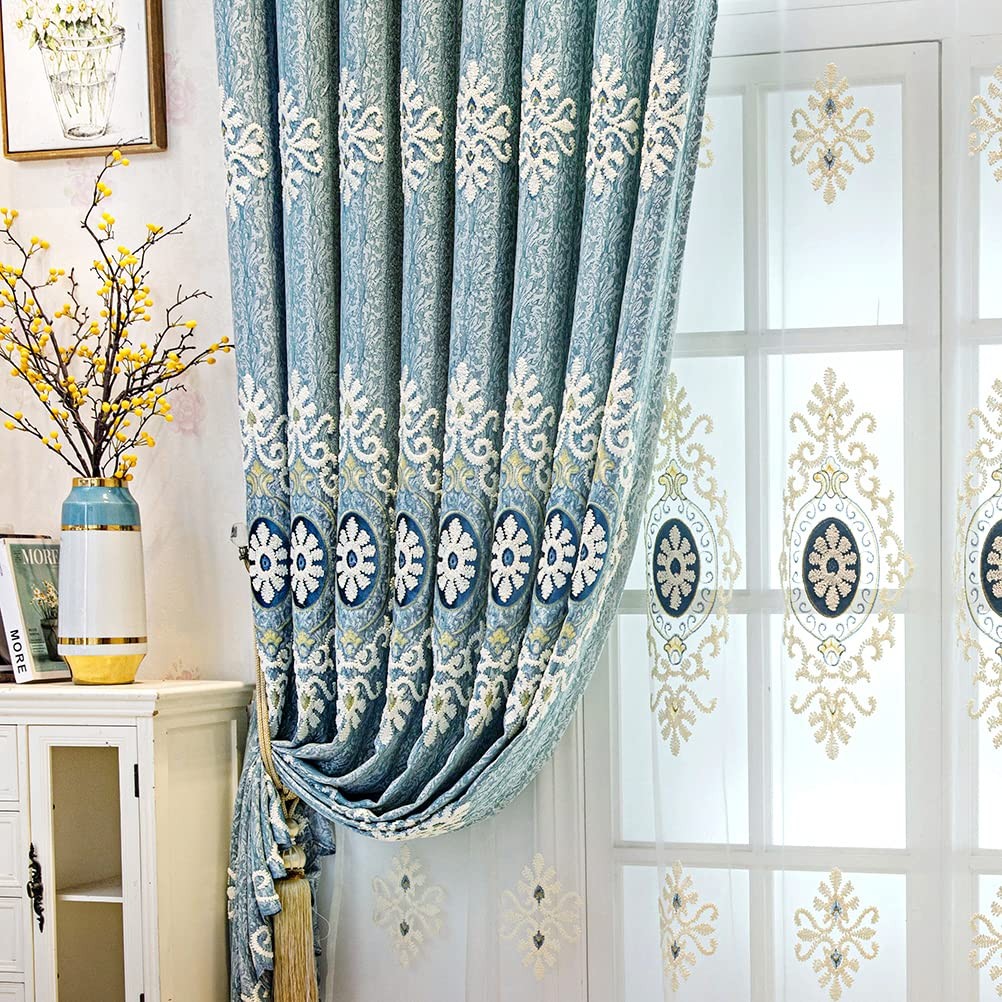 Jacquard Embroidered Curtains for Bedroom Luxury Blue Curtains for Living Roo…