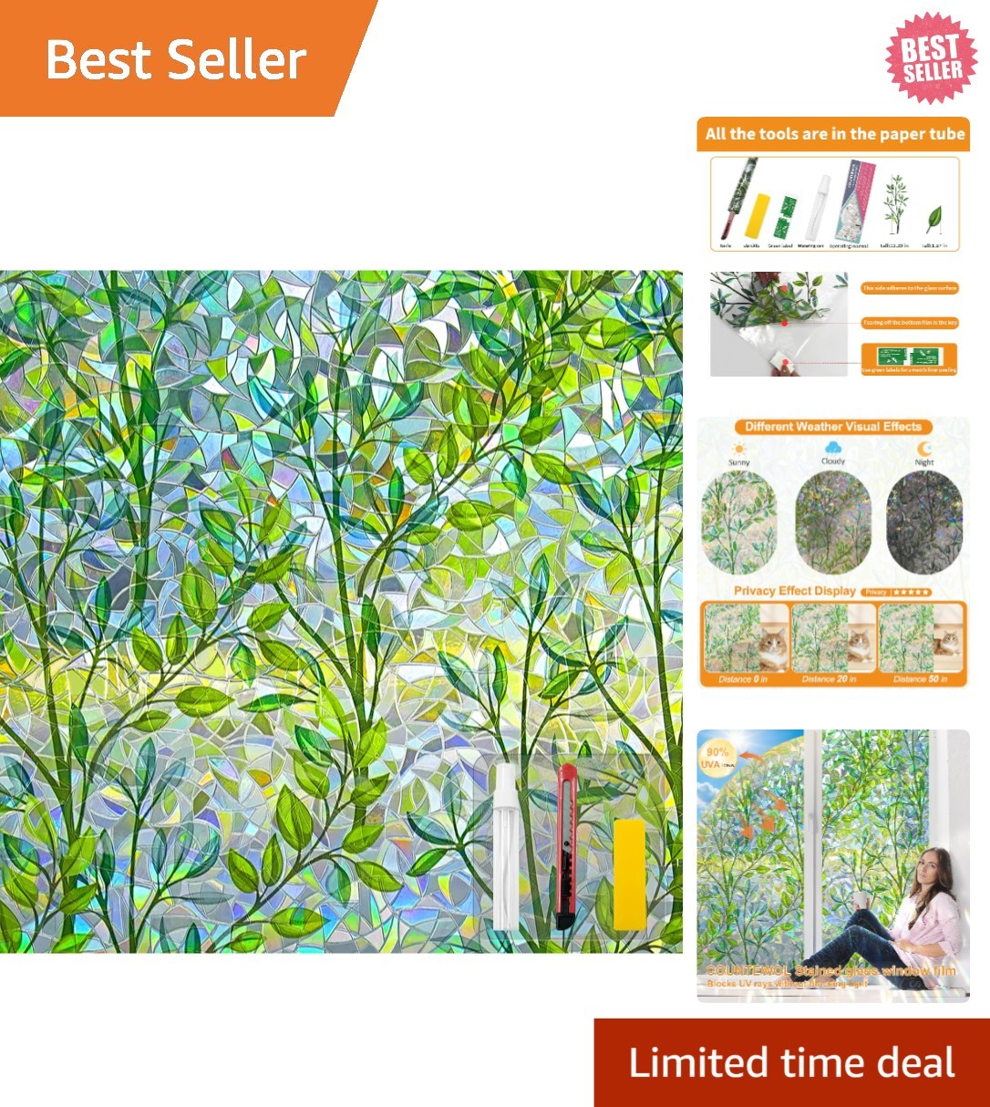 Leaf Rainbow Window Privacy Film, 78.7×17.5in – Non-Adhesive & Reusable Design