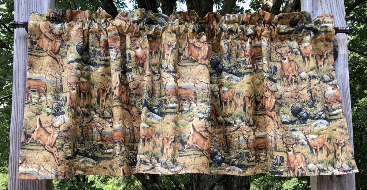 Deer & Wildlife Valance • Rustic Cabin Kitchen Curtain • Woodland Forest Window