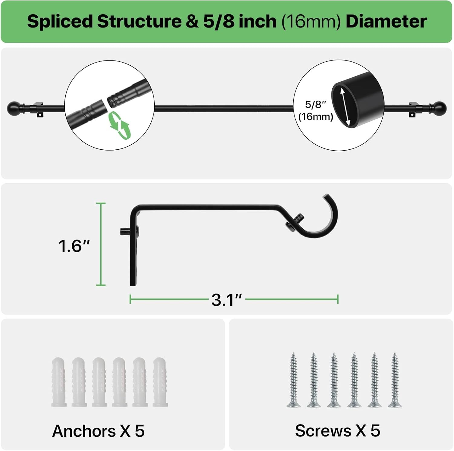 Sleek Black Curtain Rod Set, Adjustable 28-48 Inches – Easy Install Design