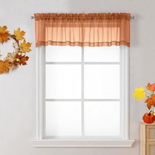 2 Panels Sheer Valance – Short Fresh Curtain 42″W x 14″L (Pack of 2) Orange