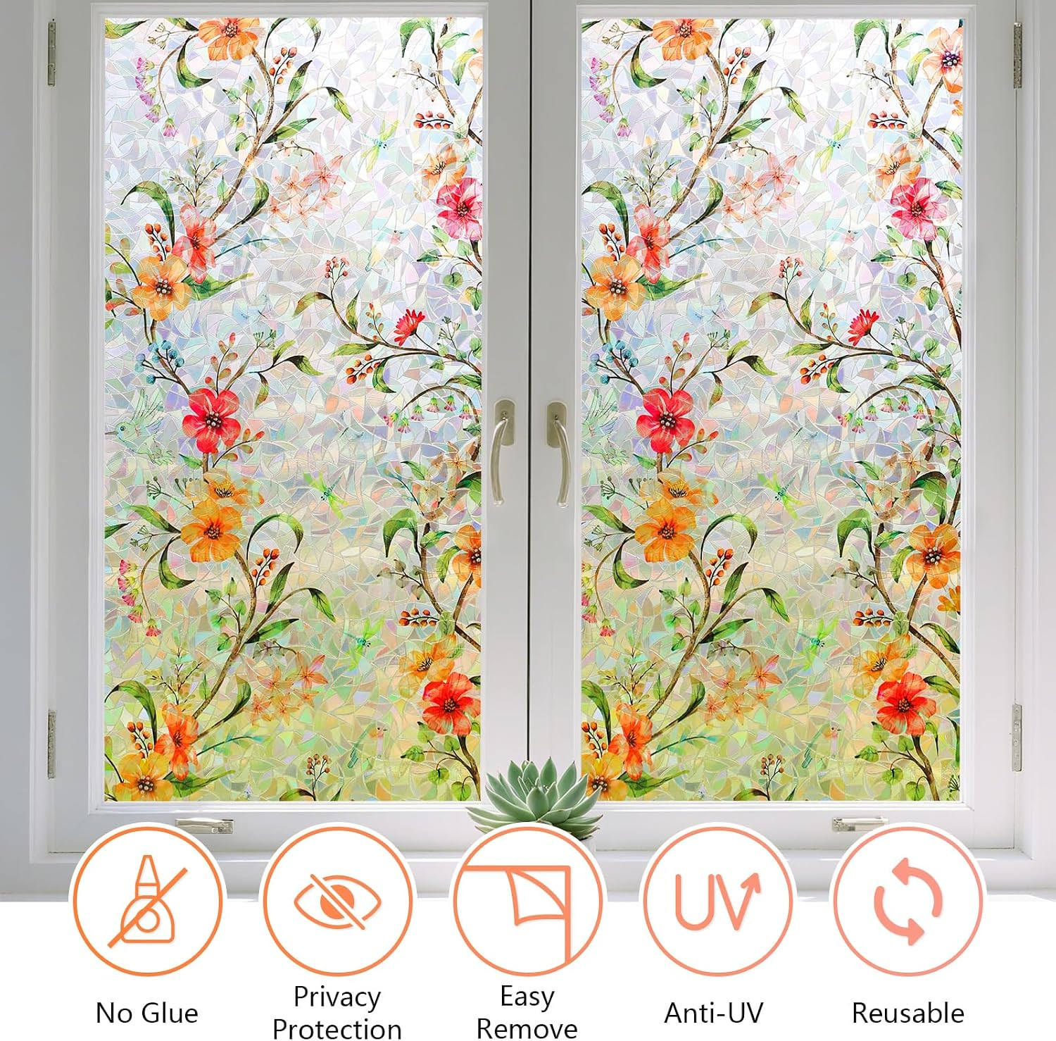Window Privacy Film with Static Cling & 3D Rainbow Effect, Floral