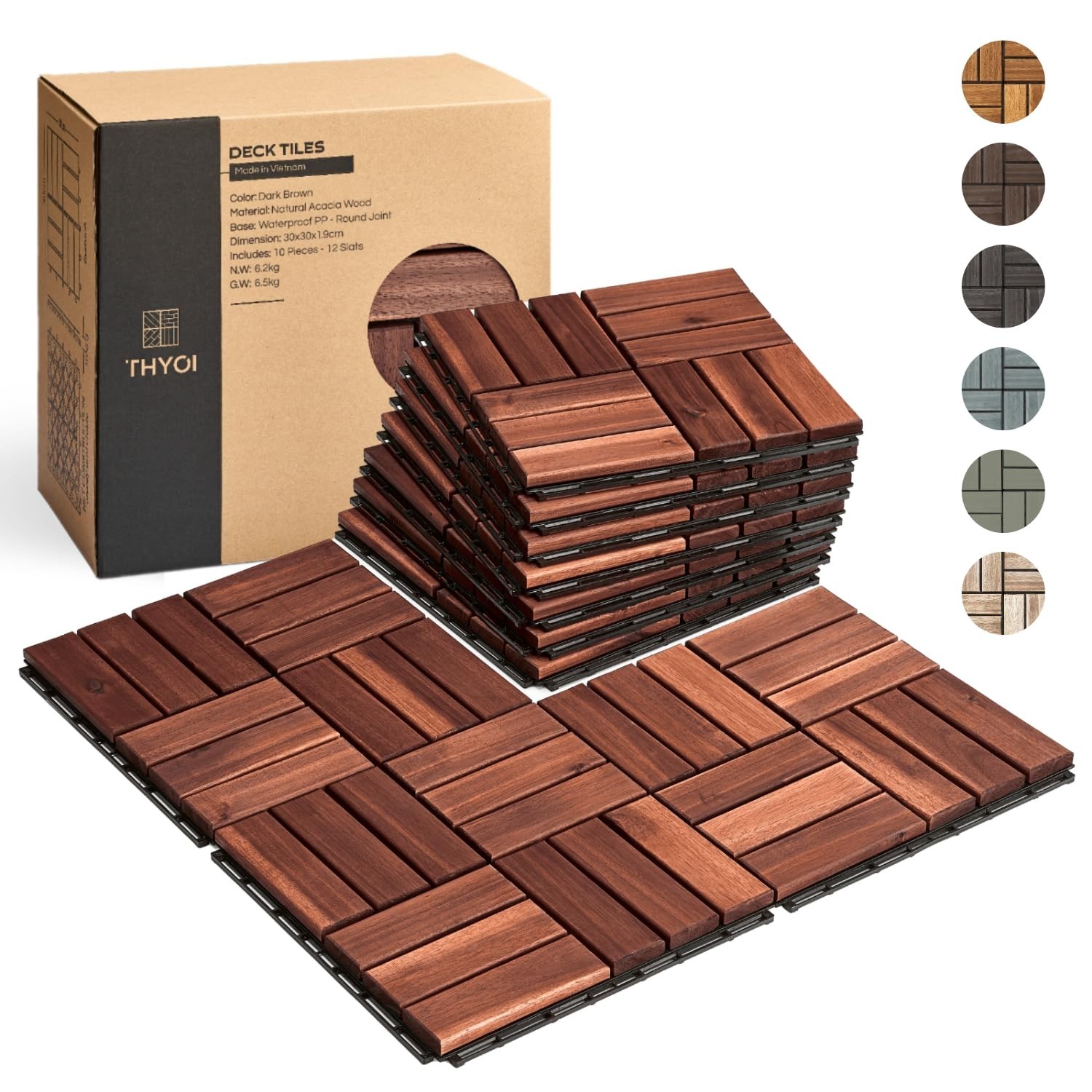 Interlocking Deck Tiles Waterproof Acacia Wood Set 10 12×12 Inches Brown Outdoor