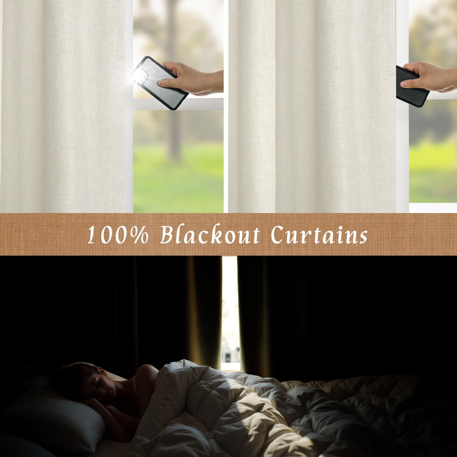 100% Blackout Natural Polyester Curtains, 63 Inches Linen Textured Thermal Be…
