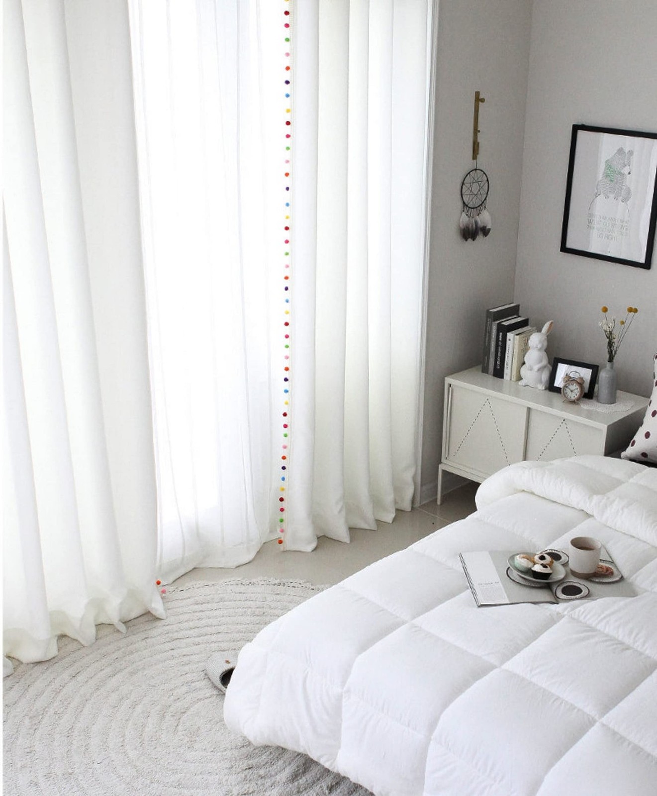 Handmade White Cotton Curtain with Multi Color Pom Pom Tassels, Boho Window T…