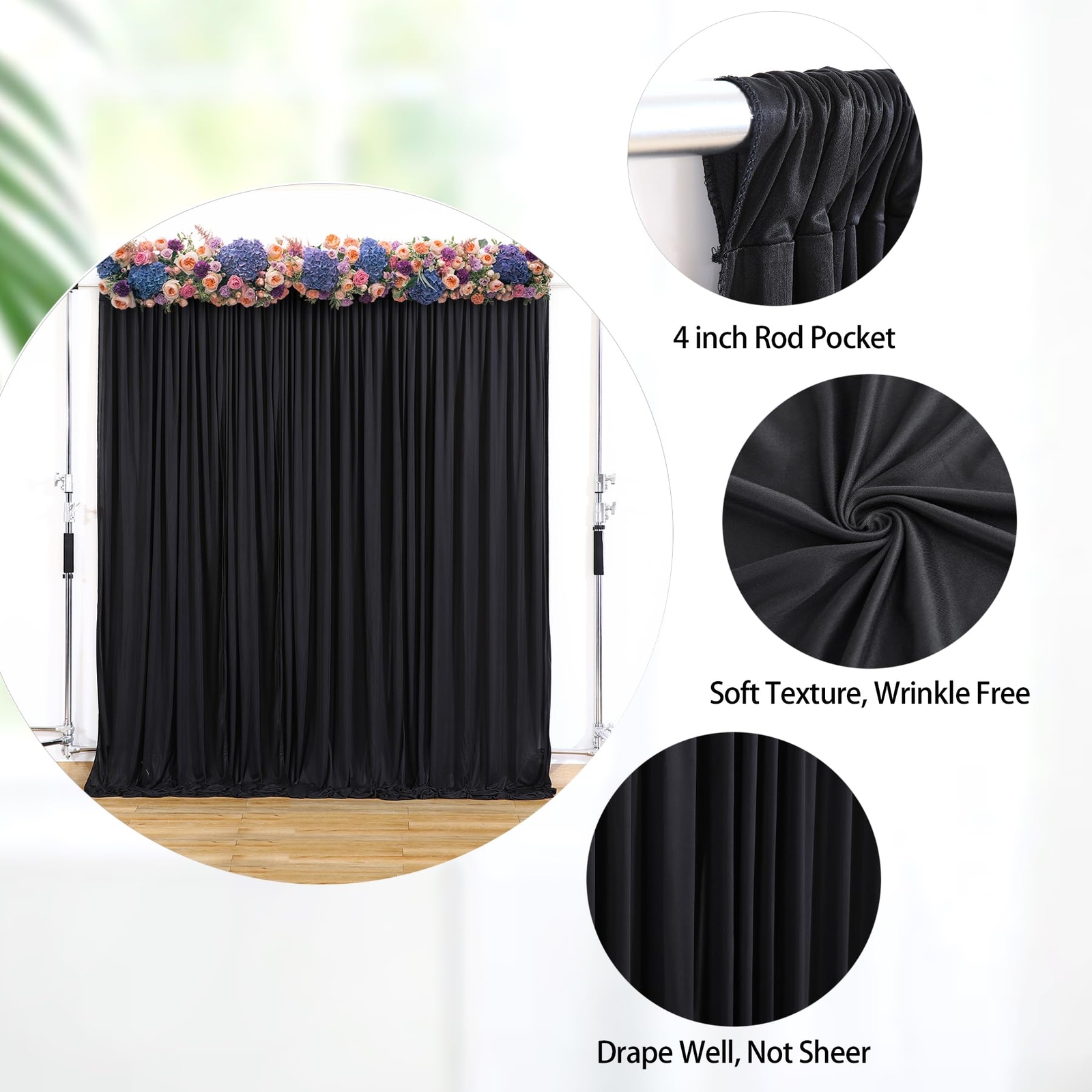 Black Backdrop Curtains 8x10ft 2 Panels Rod Pocket Wrinkle-Free Polyester