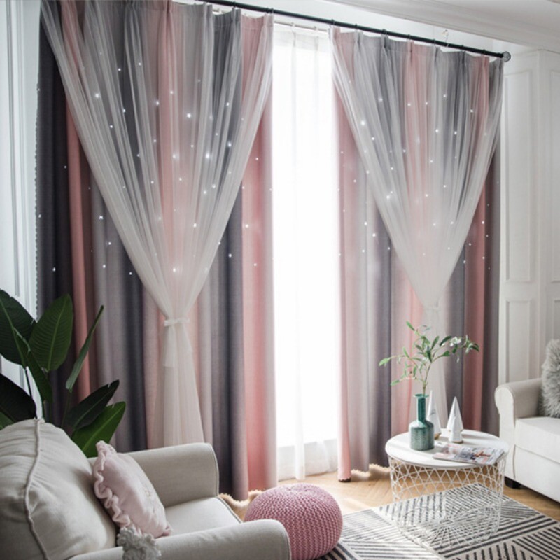 1PC French Mesh Rainbow Curtain Star Hollow Home Living Room Study Window Drapes