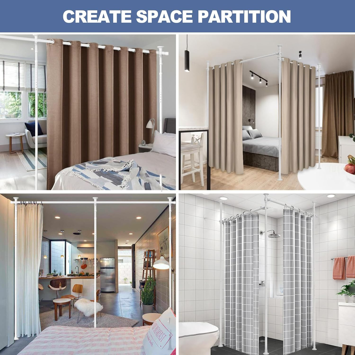 Room Conner Divider Partition 28″~114″ Wide x48~120″ high Tension white pole Rod