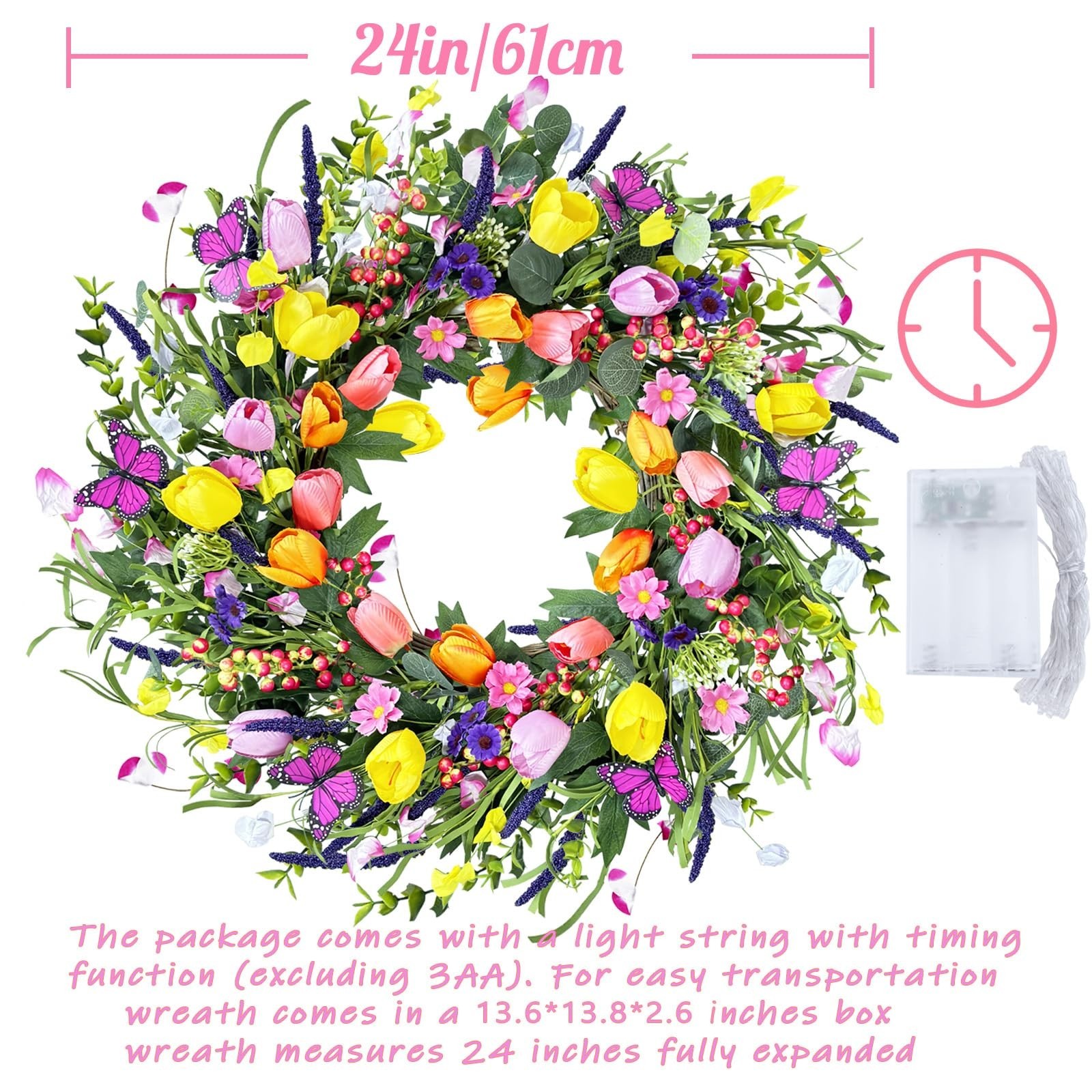 24 Inch Spring & Summer Artificial LED Tulip Wreath with LED Lights, Multicol…
