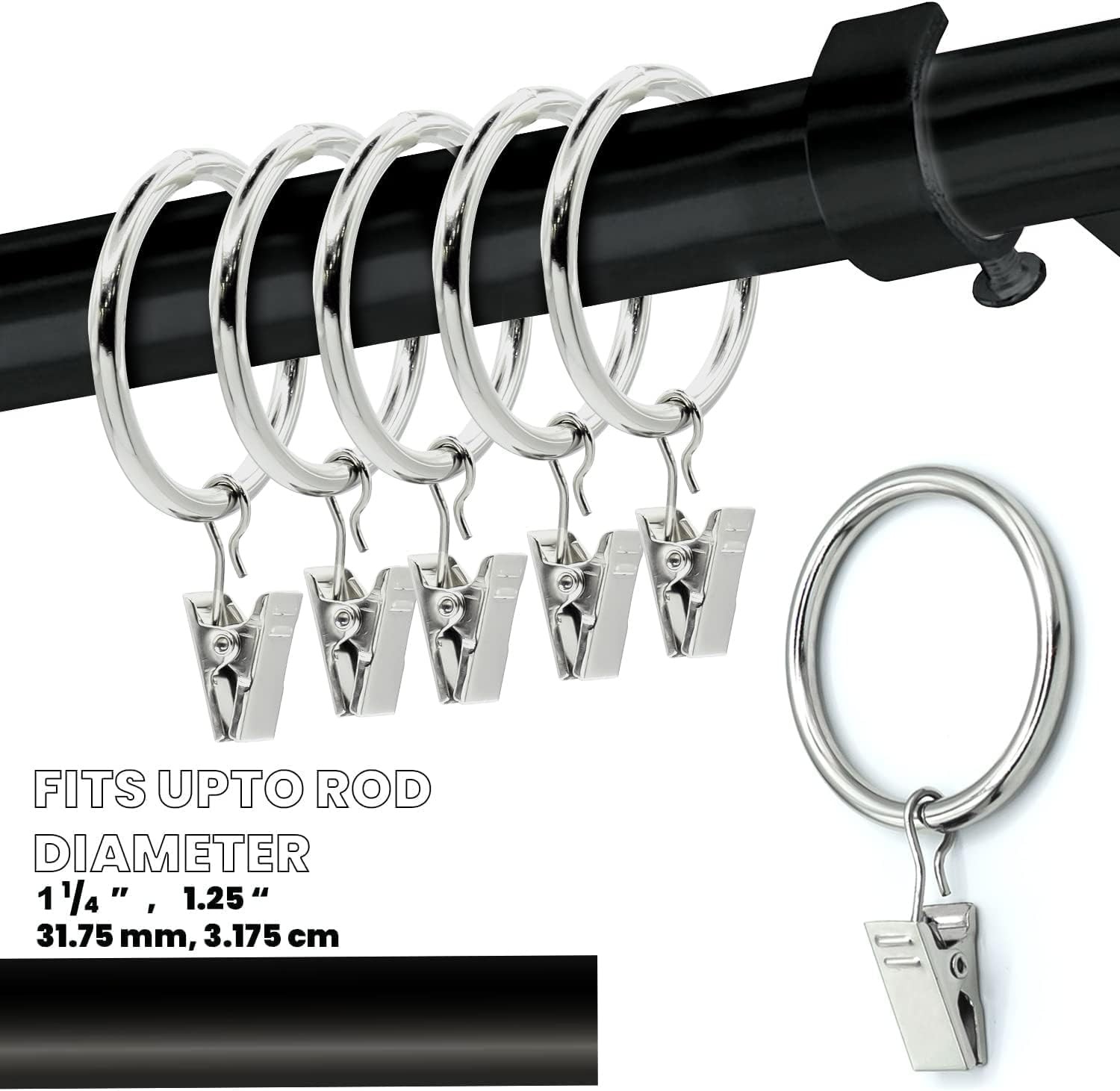 Silver Heavy Duty Curtain Rings With Clips Fits Rod Up To 1.25 In 40 PCS