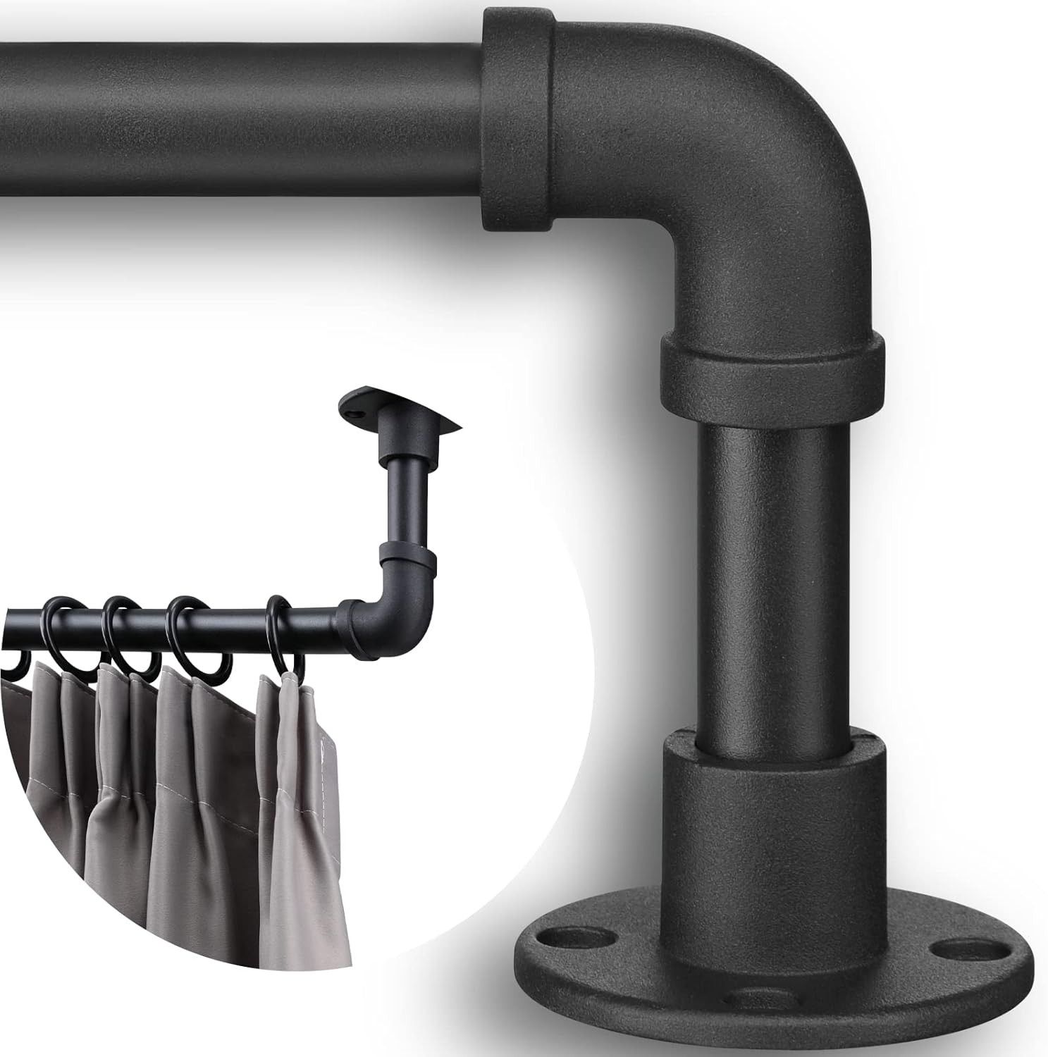 Industrial Curtain Rods – Matte Black Pipe Curtain Rod for Windows 48 to 84 inch