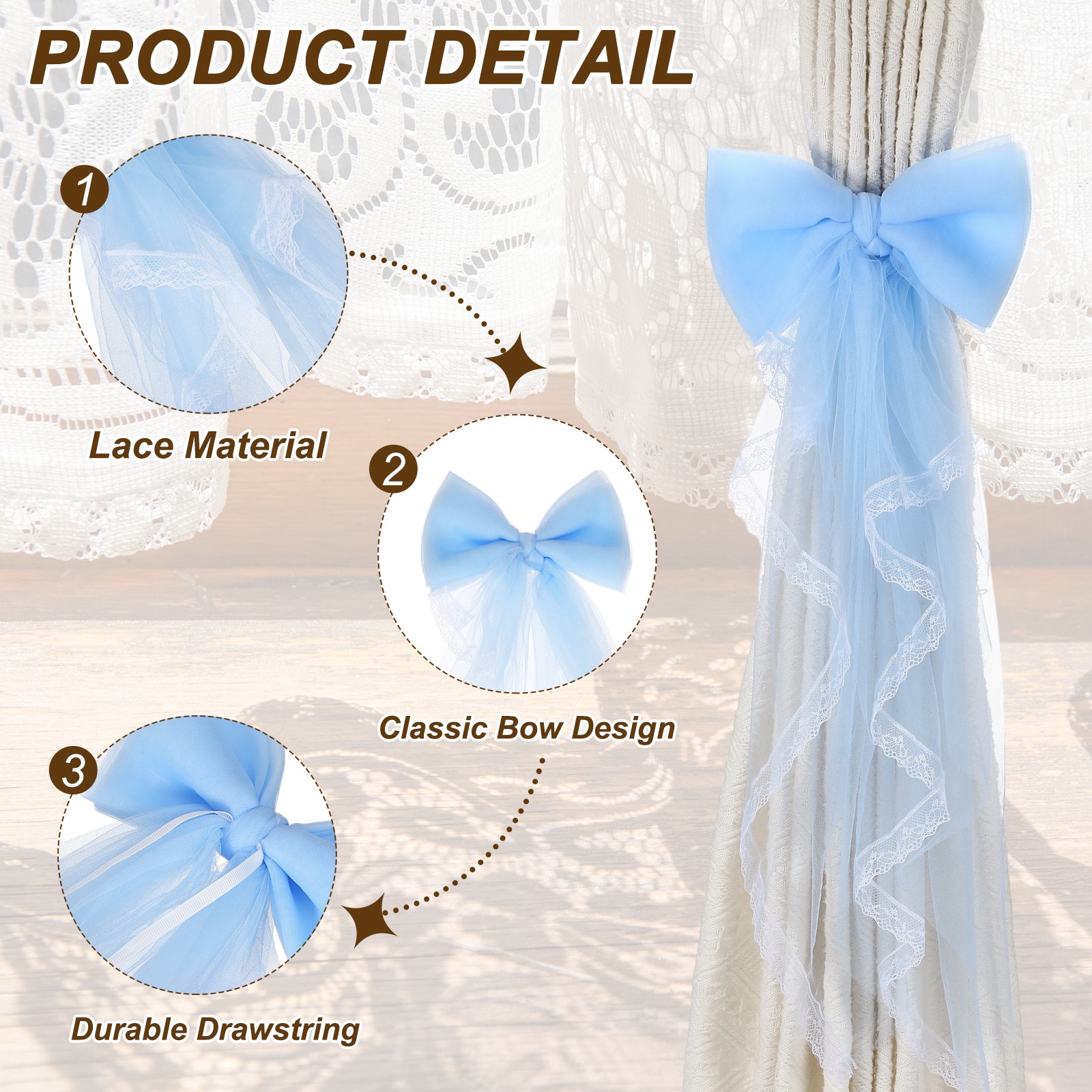 2 Pack French Bow Curtain Tiebacks Lace Bow Curtain Tiebacks for Home Sky Blue