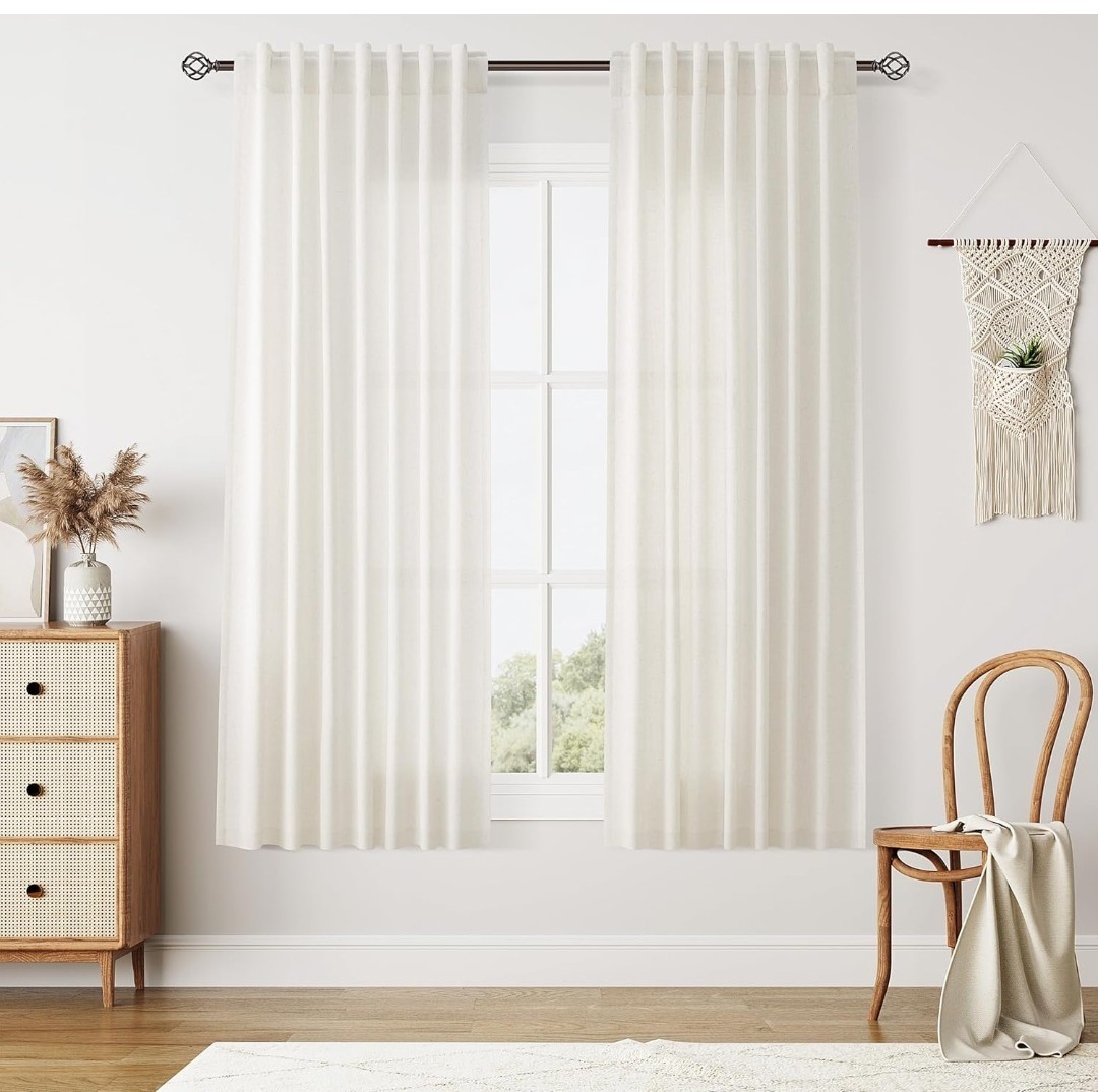 Linen Curtains for Living Room, Back Tab Semi Sheer 52*63 inches(Long Ivory)