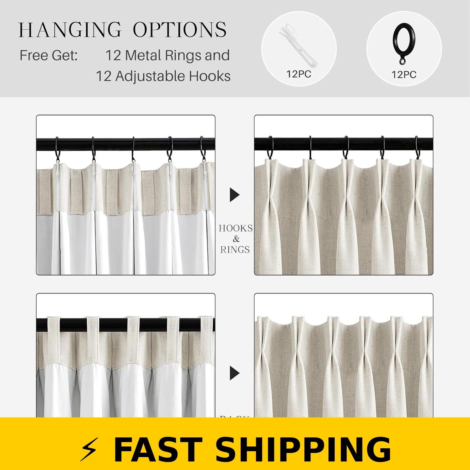 NALQET 100% Blackout Pinch Pleated Curtains 90″ Long Natural