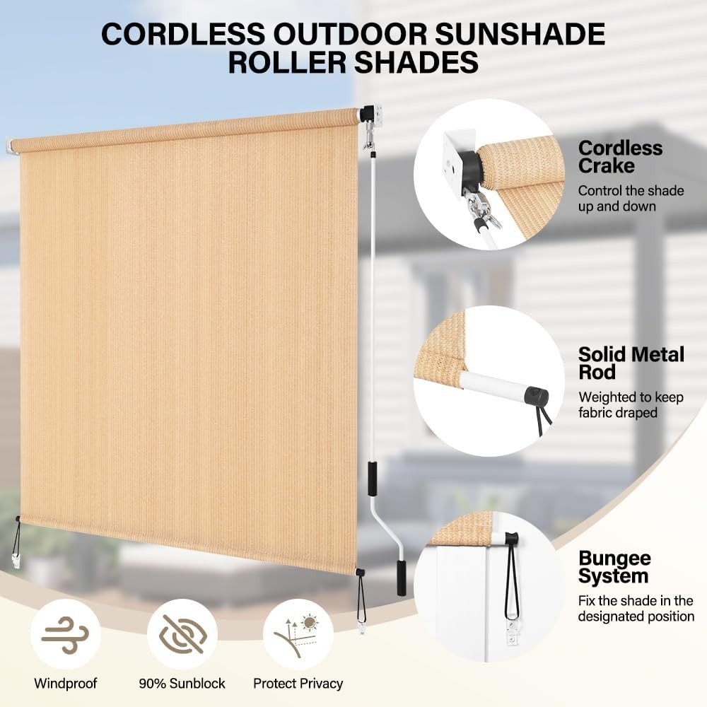 Outdoor Roller Shades 6′ W x 8 L (72″ W x 96″ H), Cordless Patio Shades Roll Up