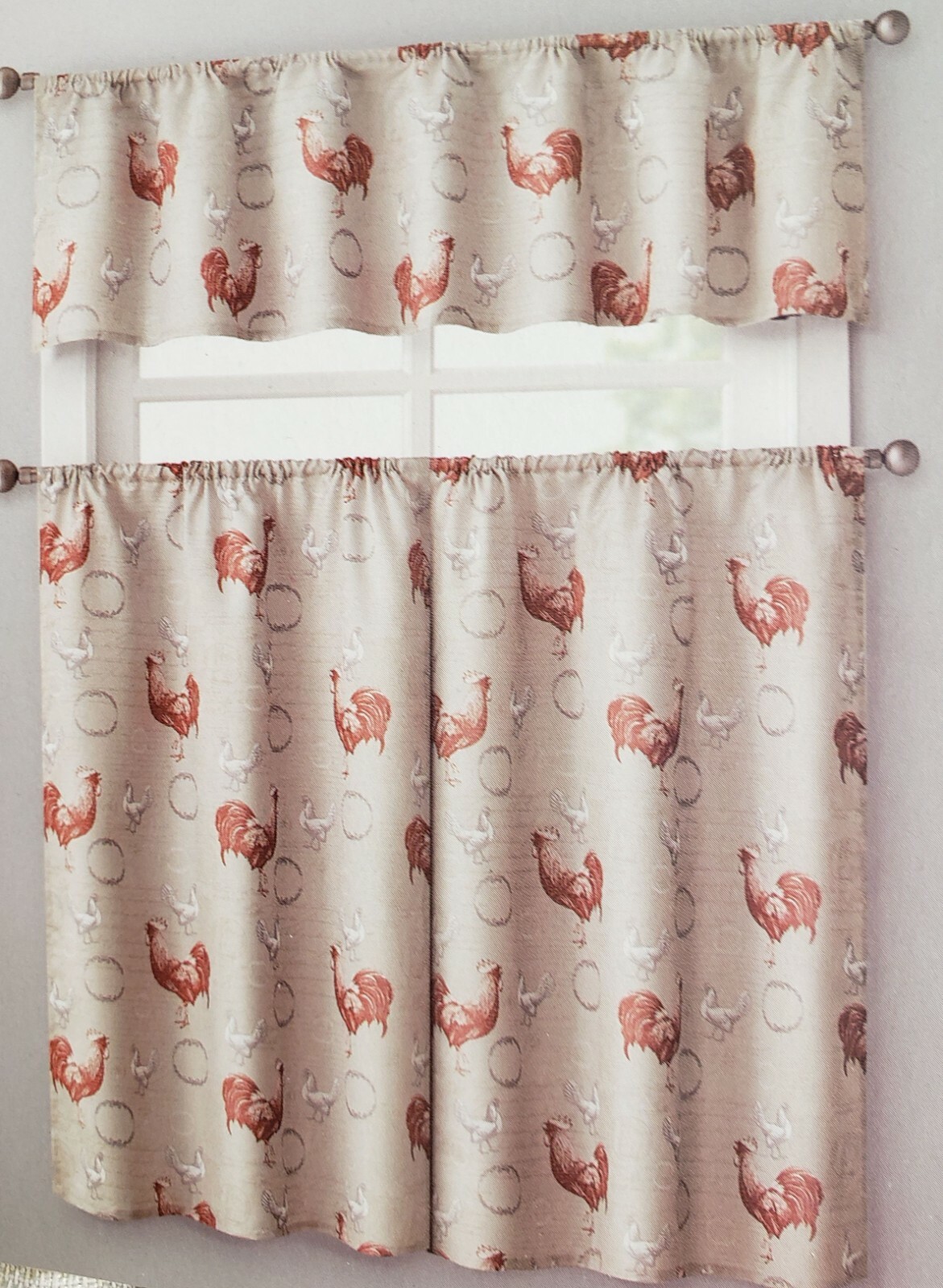 3 pc. Curtains Set: Valance (56″x14″) & 2 Tiers (28″x36″) ROOSTER & STAMPS, VC