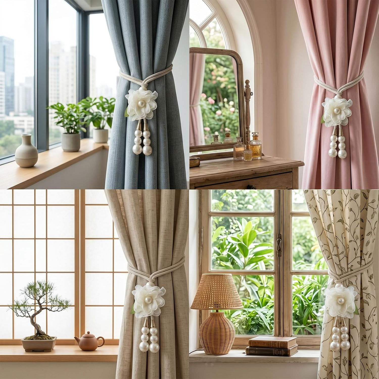 Adjustable Curtain Tiebacks， 4Pcs(2Pair) Hand-Woven Rope with Silk Flower & Pear