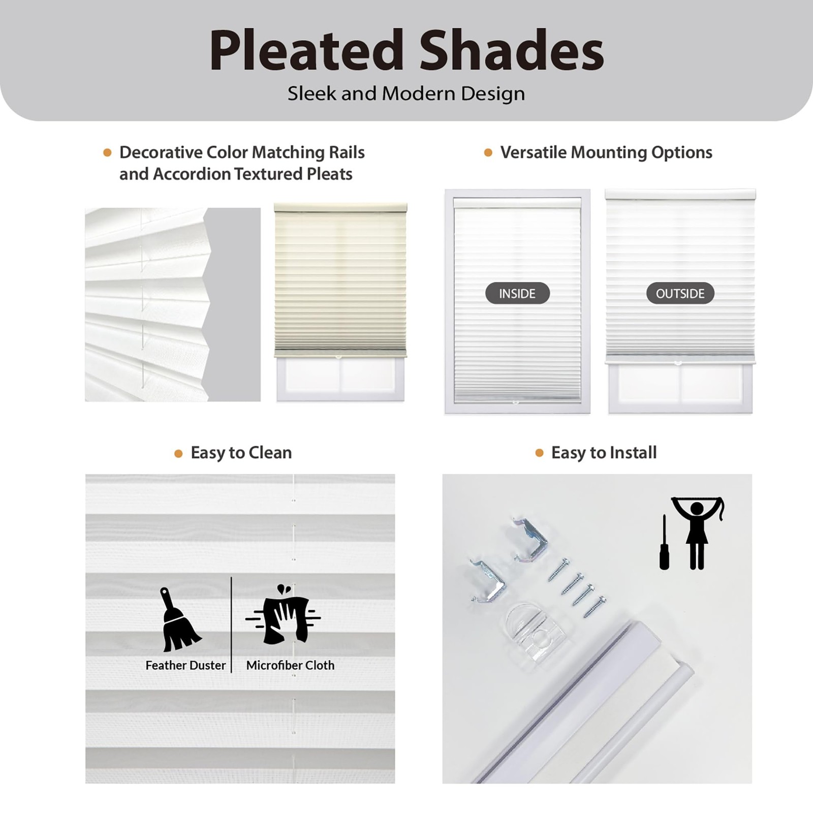 Cordless 1″ Light Filtering Pleated Shade, Fabric, 54″W x 72″H, White
