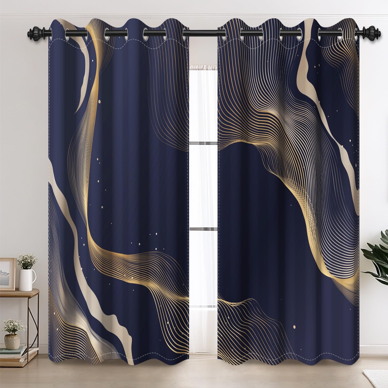 Modern Abstract Geometric Line Decorative Curtains, Blue Black Minimalist Oce…