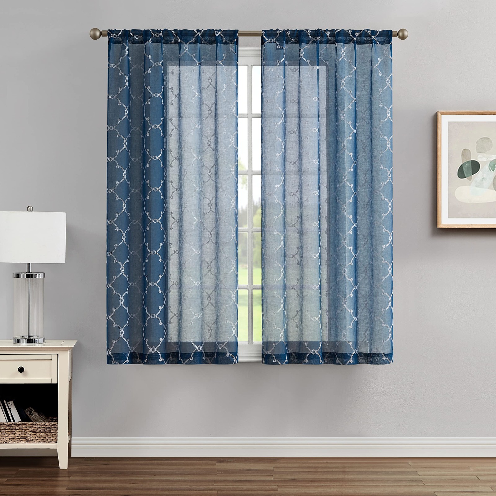 Creative Home Ideas Sheer Curtains 2 Panels 38 X 63 Blue Embroidered Geometric