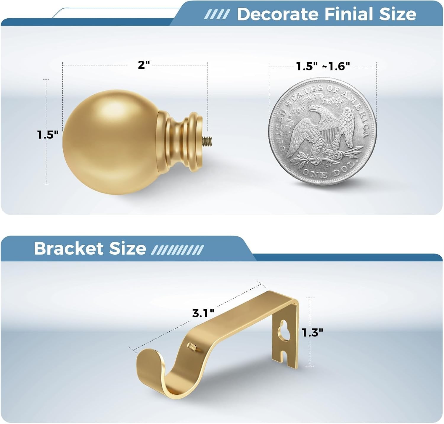 Gold 5/8″ Diameter Adjustable Rod With Classic Round Finials,For Windows 66-120″