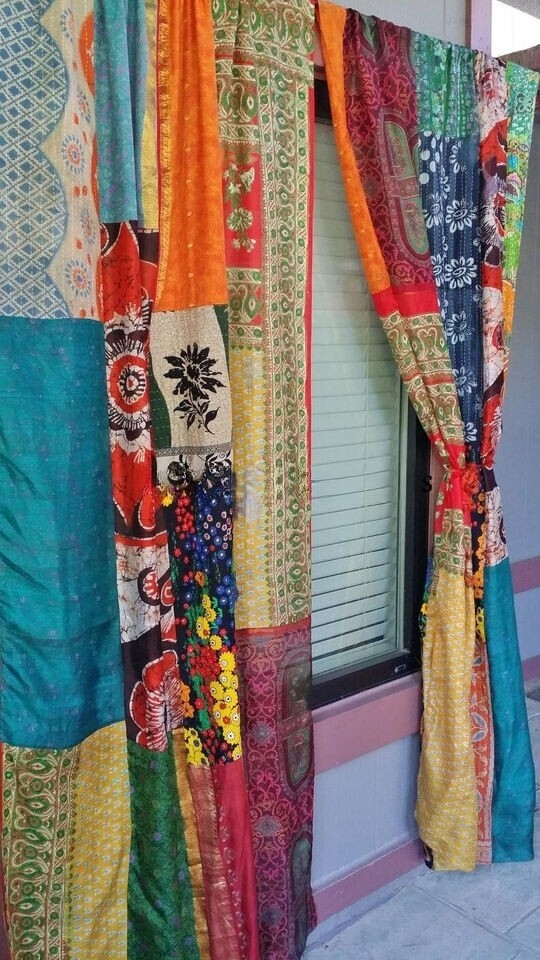 2 Pcs Indian Sari Patchwork Curtain Drape Window Decor Multi Silk Sari Curtain