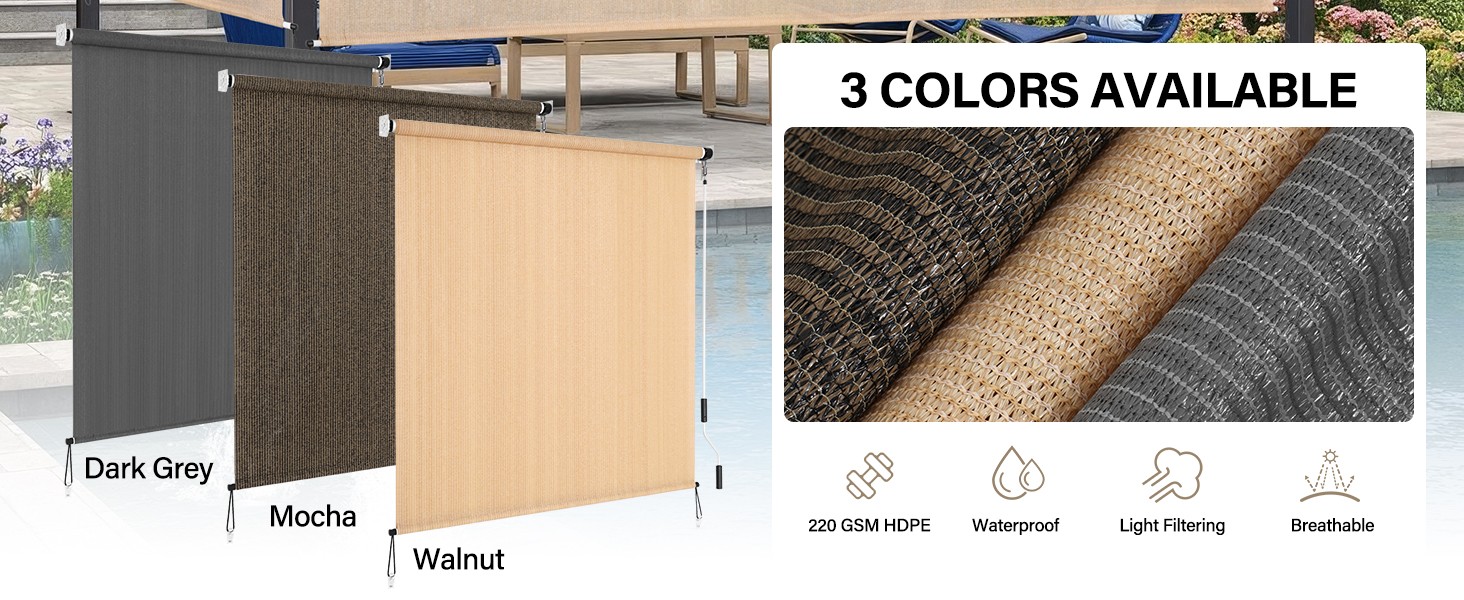 Outdoor Roller Shades 6′ W x 8 L (72″ W x 96″ H), Cordless Patio Shades Roll Up