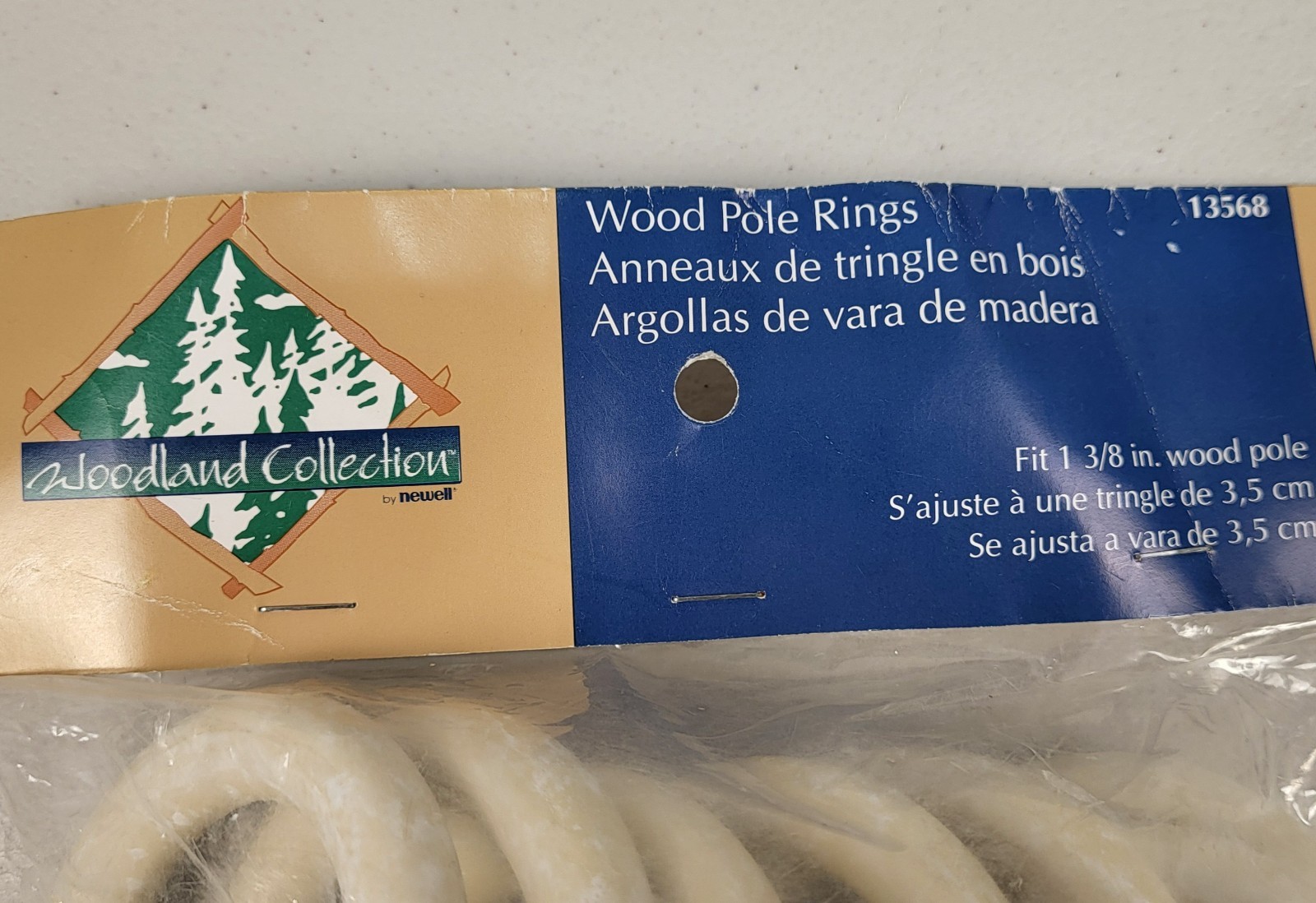 Vtg Solid Wood Rings 7p Woodland Whitewash for 1 3/8″ Pole Curtain Drapes Unused