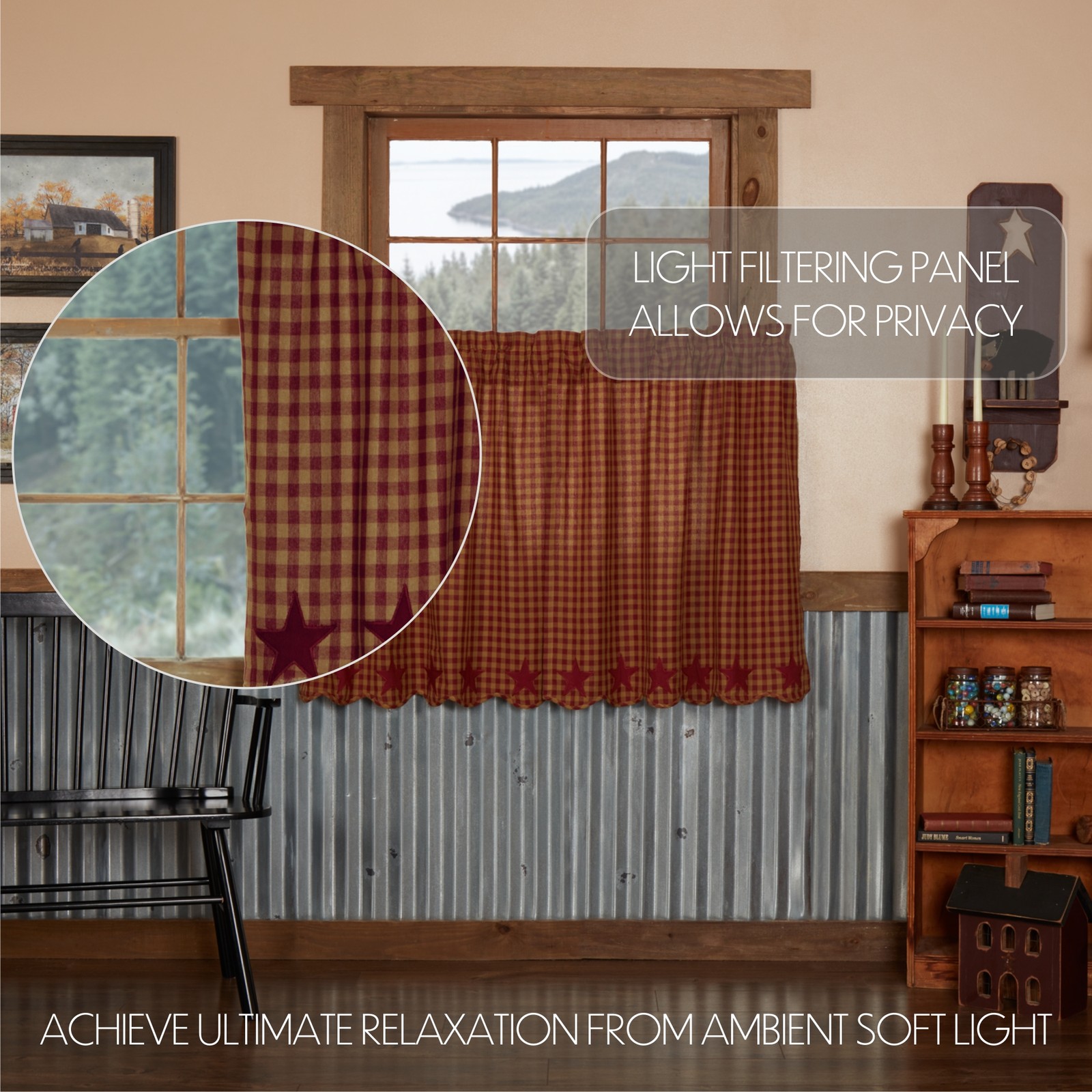 Primitive 36″x36″ Tier Pair Red Rod Pocket Kitchen Window Curtains VHC Brands