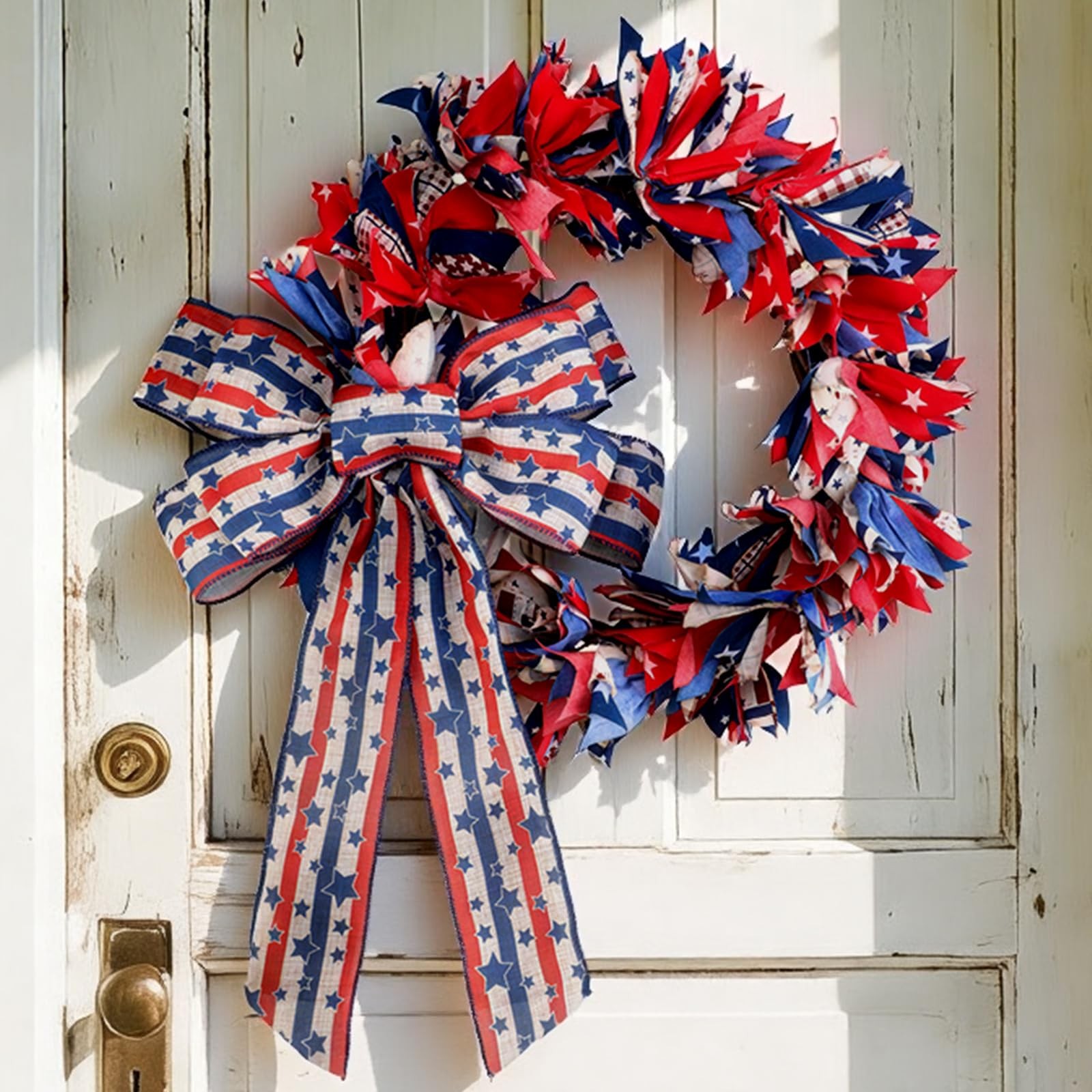 16 Inch Patriotic Wreath with Bow, 4th of July Wreaths for Front Door Red White