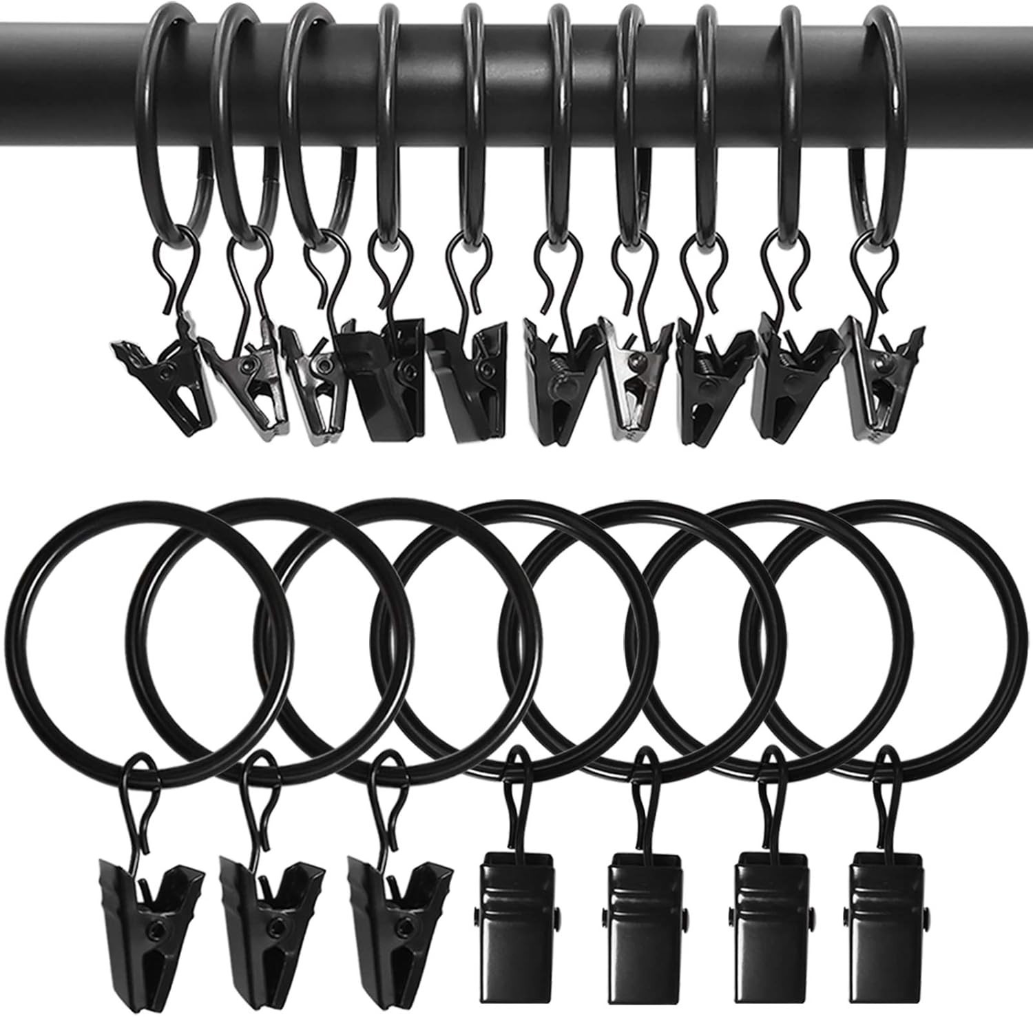 Set of 100 Rustproof Black Curtain Rings with Clips – Smooth Gliding Design