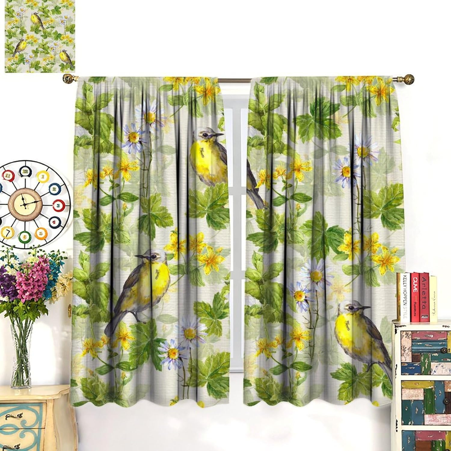 Bohemian Curtains, Vintage Rural Green Yellow Art Watercolor Plants Leaves Flor
