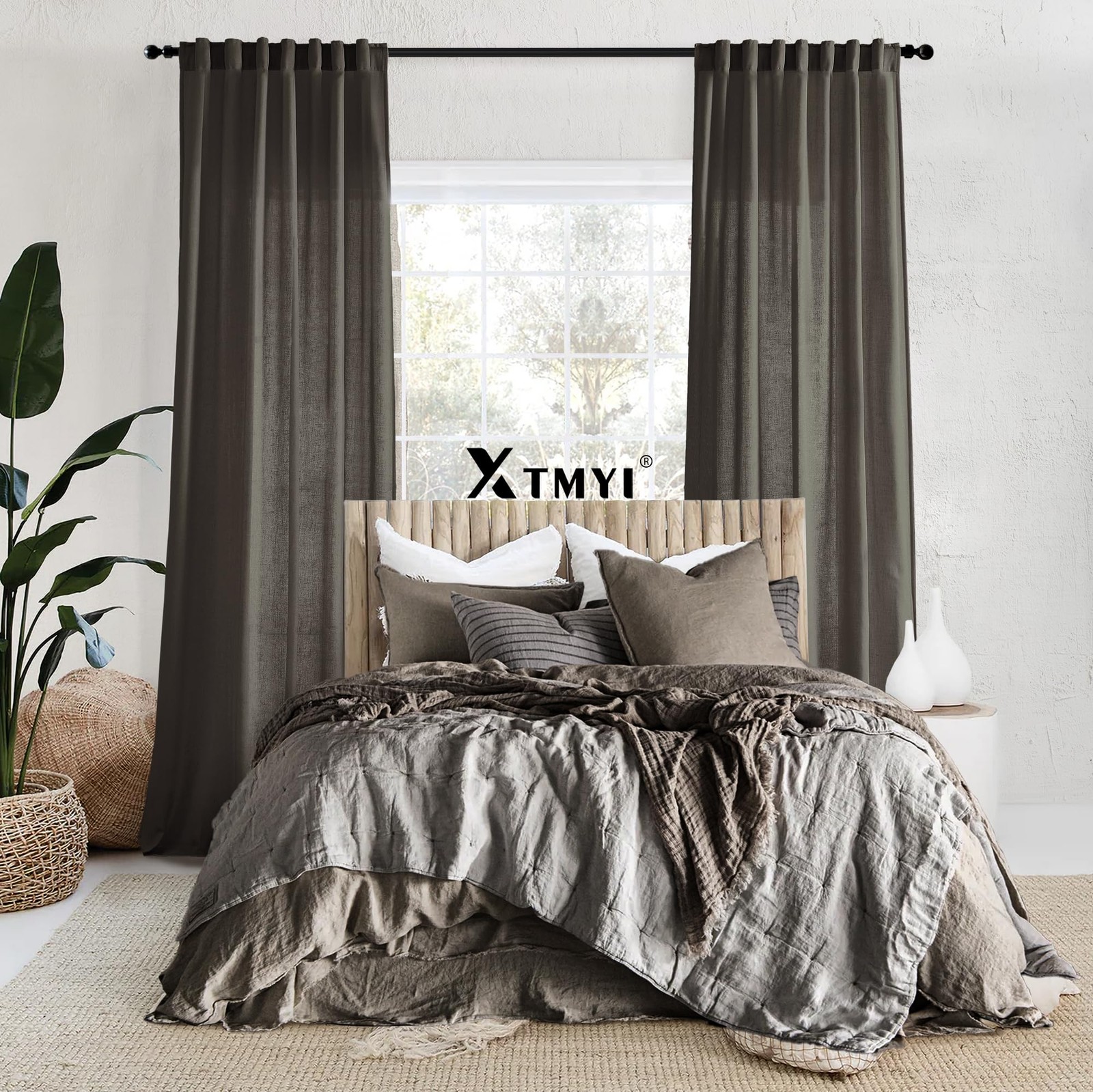 Chocolate Brown Curtains 96 Inches Long 2 Panel Set,Sheer Linen Pleated Back Tab