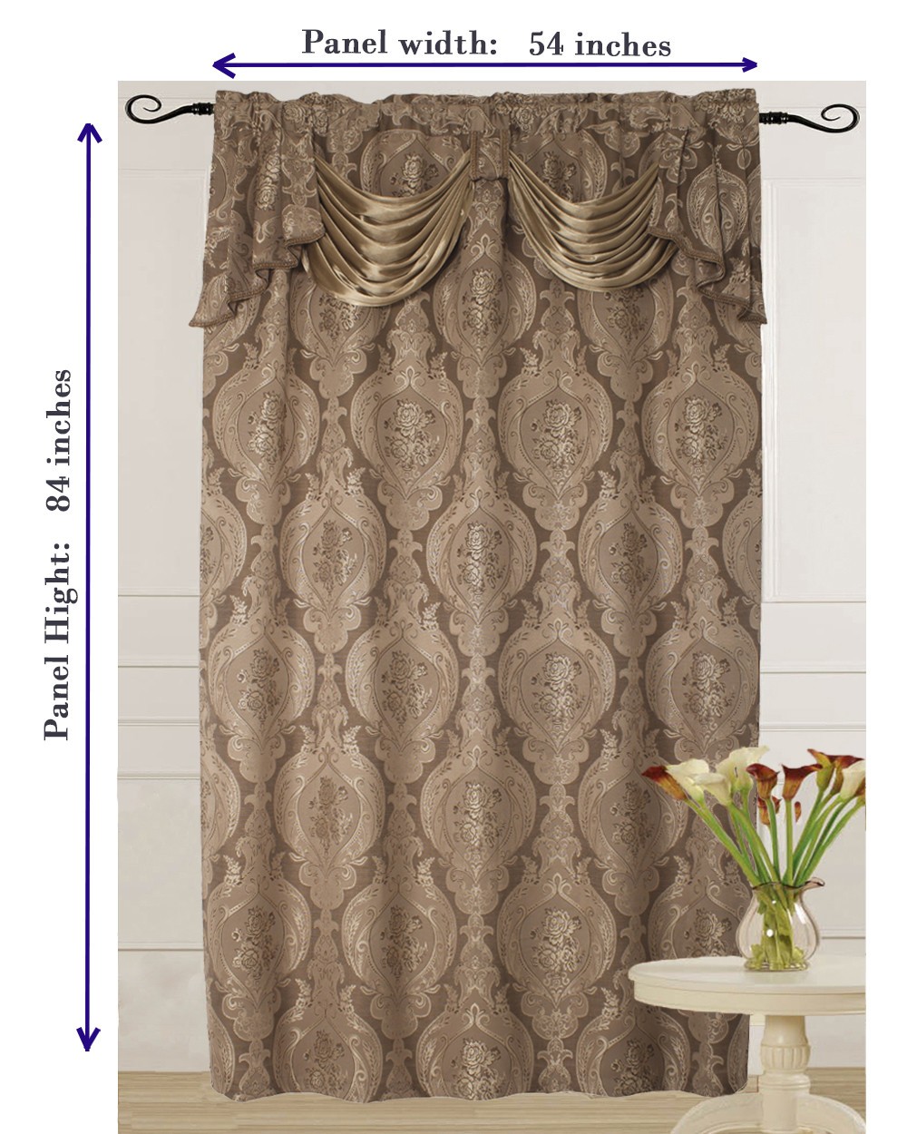 ROSA Luxury Jacquard Curtain Panel with Attached Waterfall Valance 54″ X 84″