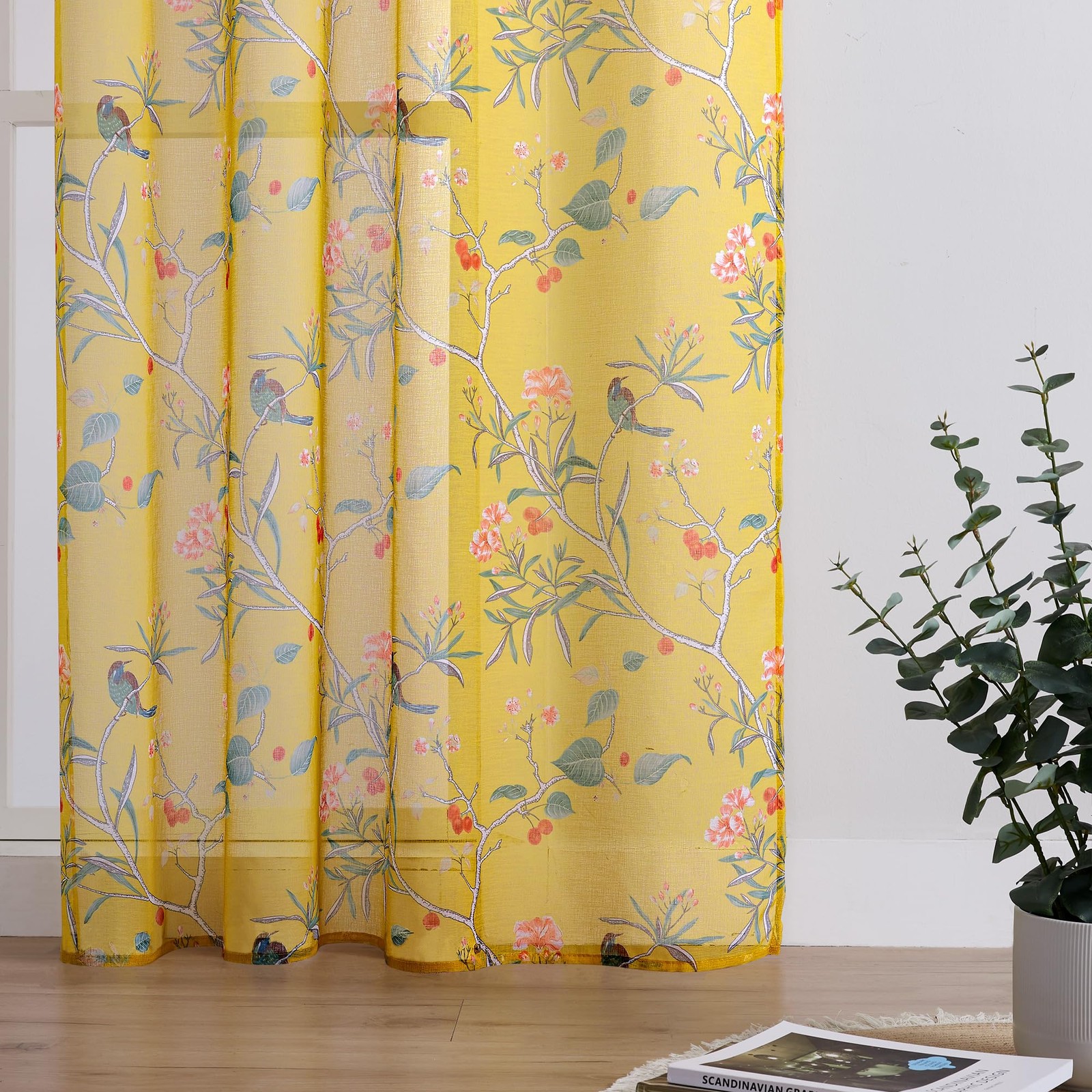 XTMYI Mustard Yellow Floral Sheer Curtains, 52″W x 84″L (Pack of 2),