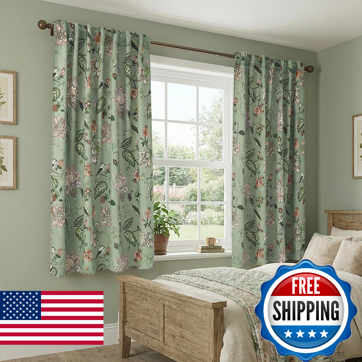 Lino Rosa Short Floral Patterned Blackout Curtains for Bedroom, Decorative Black