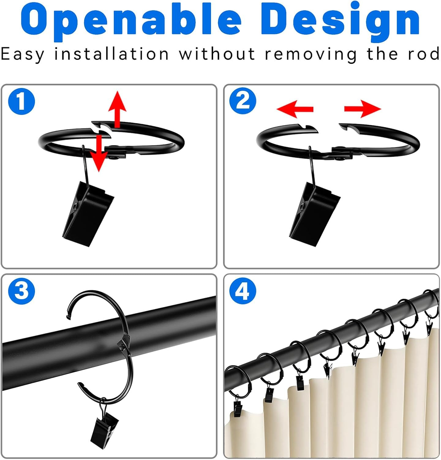 40 Pack 1.5 Inches Curtain Rings with Clips, Openable Drapery Metal Clip Iron Dr