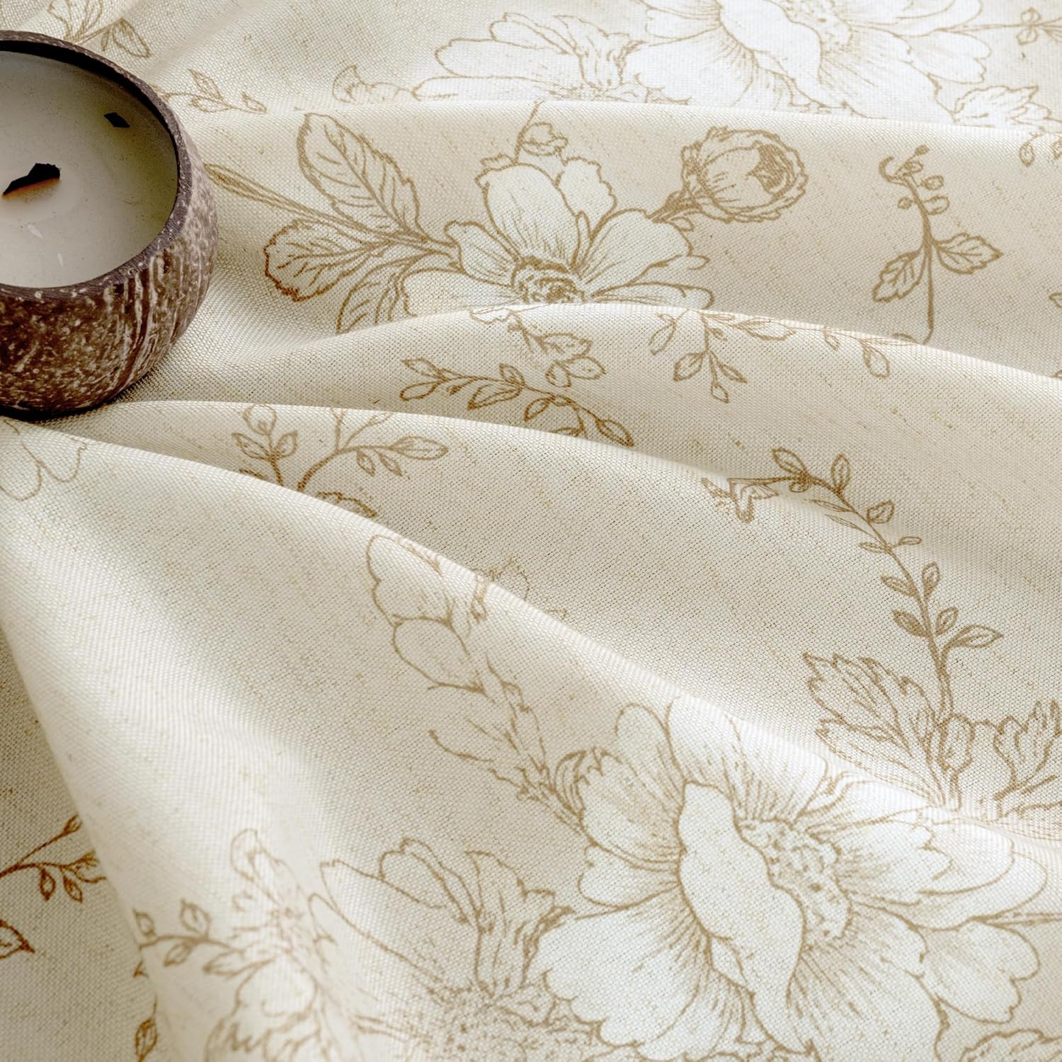 LAMIT Taupe Floral Linen Curtains 63 inch Length, Light Filtering Country Vintag