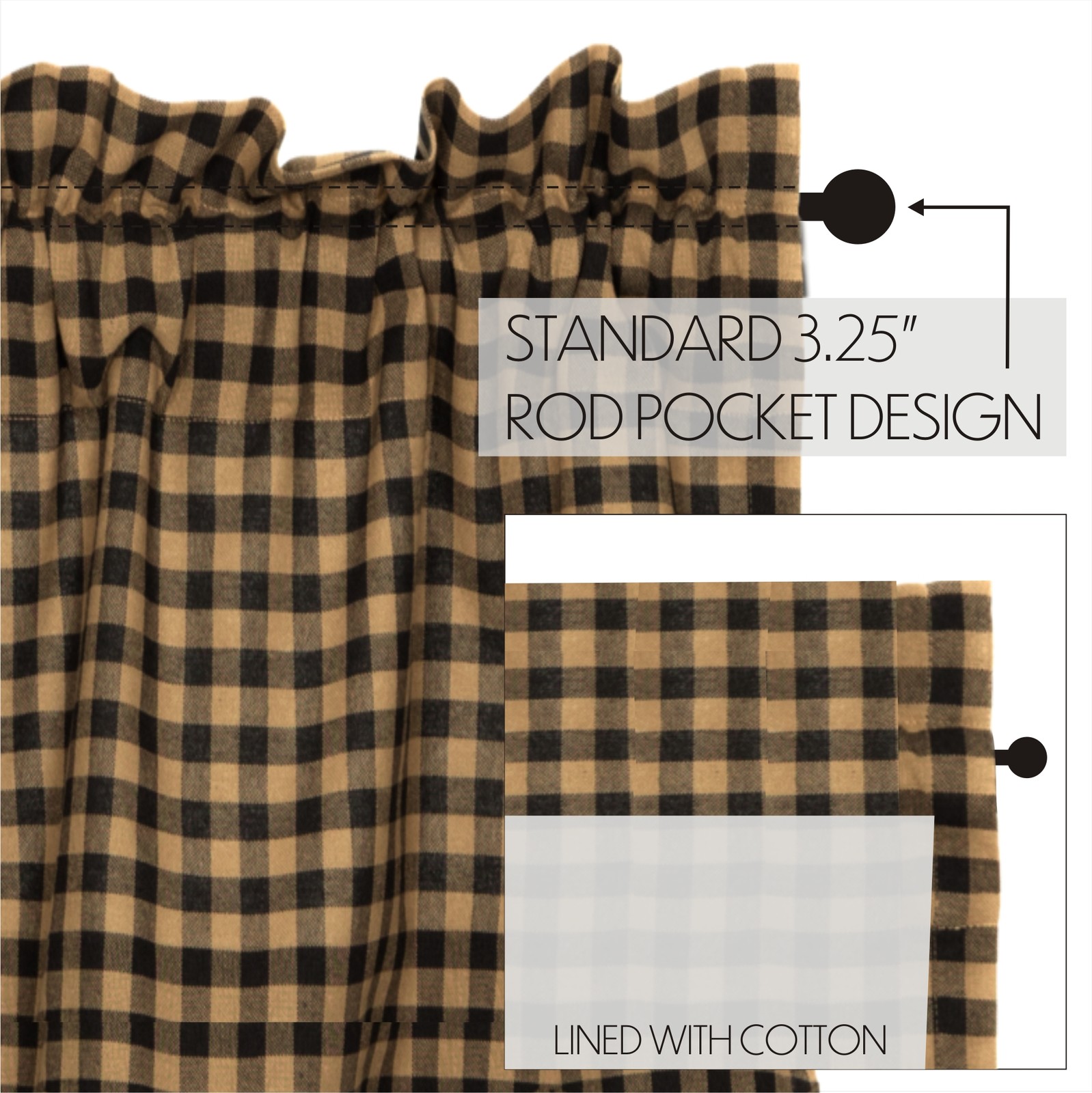 Primitive 63″x36″ Panel Pair Black Rod Pocket Check Window Curtains VHC Brands