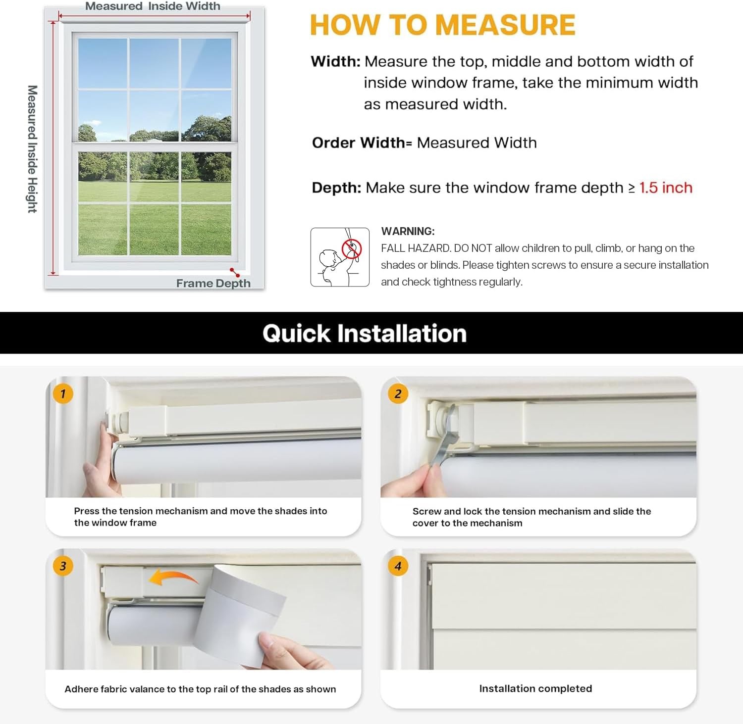 No Drill Blackout Roller Shades Cordless 30″ W x 48″ H Dark Coffee